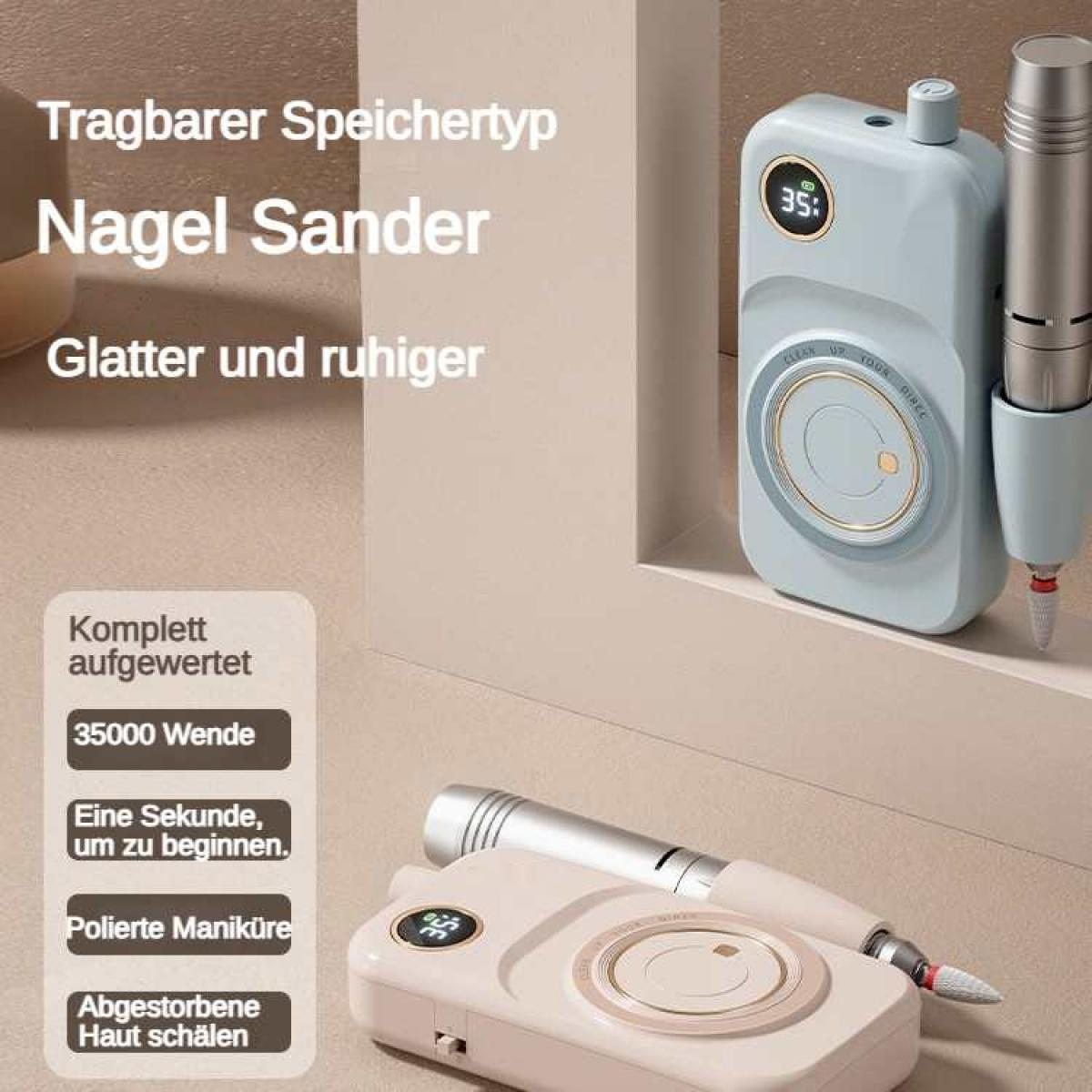 Tragbarer Nagellackierer mit digitaler Anzeige und Aufsätzen.