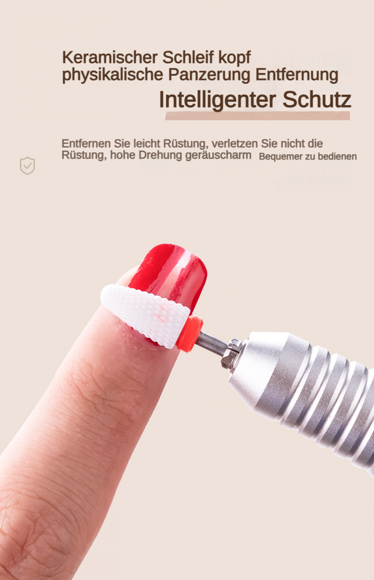 Keramischer Schleifkopf auf lackiertem Fingernagel. Nahaufnahme.