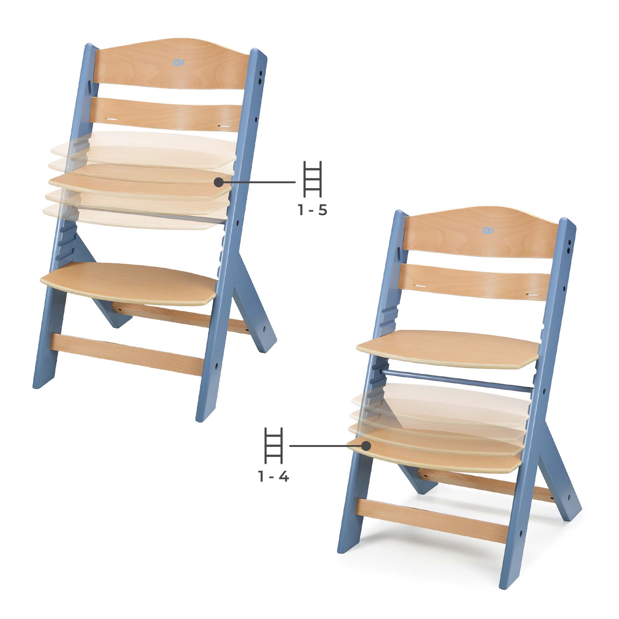 Zwei blaue Holzhochstühle mit verstellbaren Sitzen und Rückenlehnen, weiße Hintergründe.