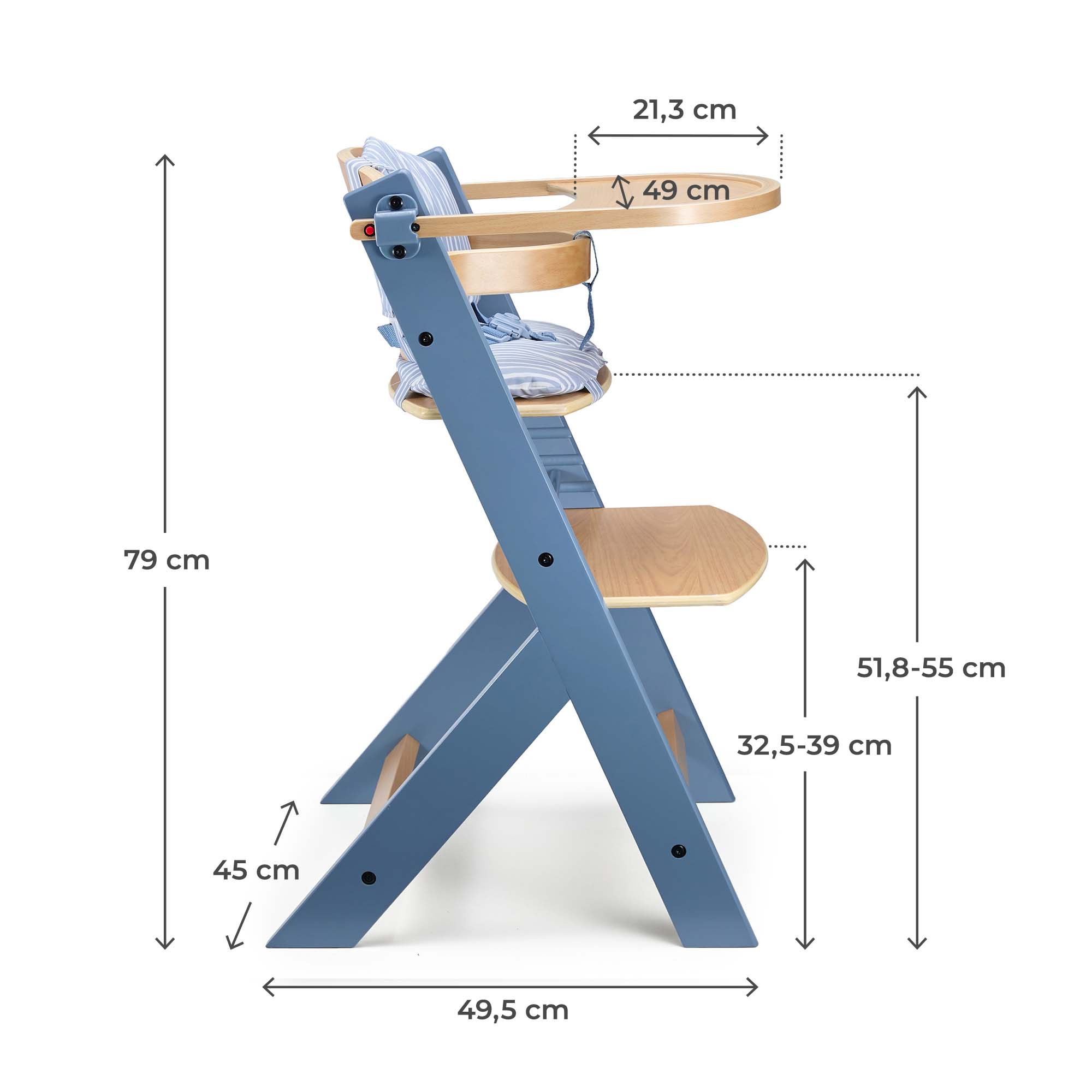 Blauer Kinderhochstuhl mit Holztablett und Sitzpolster. Maße angegeben.