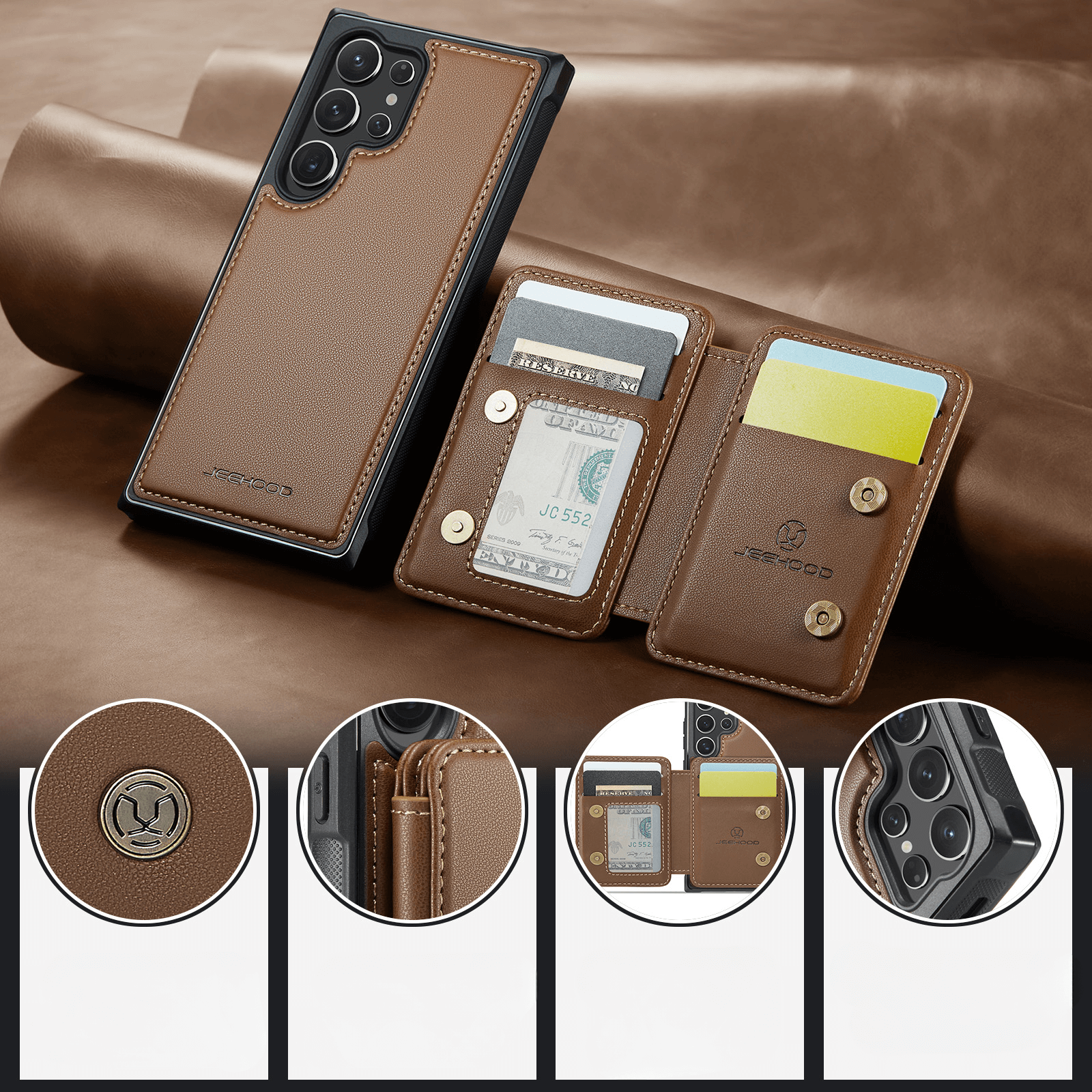 Custodia in pelle marrone con slot per carte e tasca soldi.