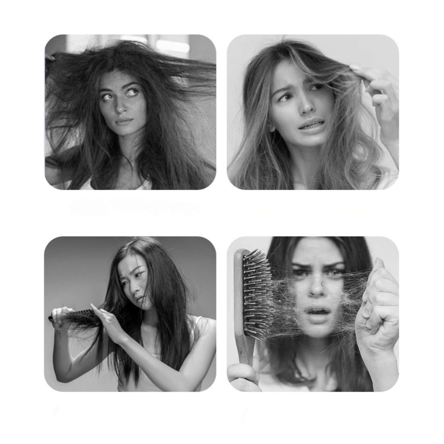 Vier Frauen mit unordentlichem Haar, eine kämmt sich, eine bürstet sich, eine mit Haarausfall.