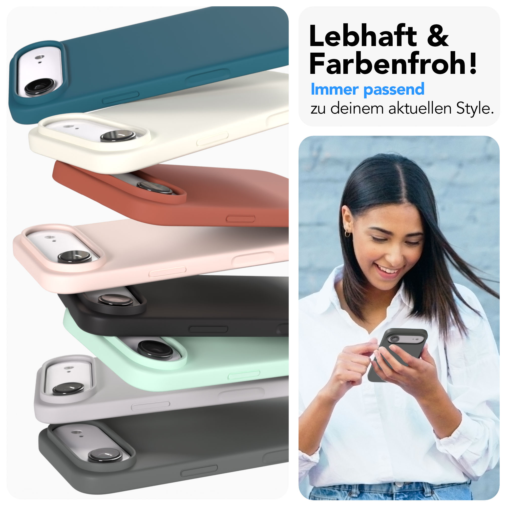 Mehrere Handyhüllen in verschiedenen Farben und eine Frau mit Handy.