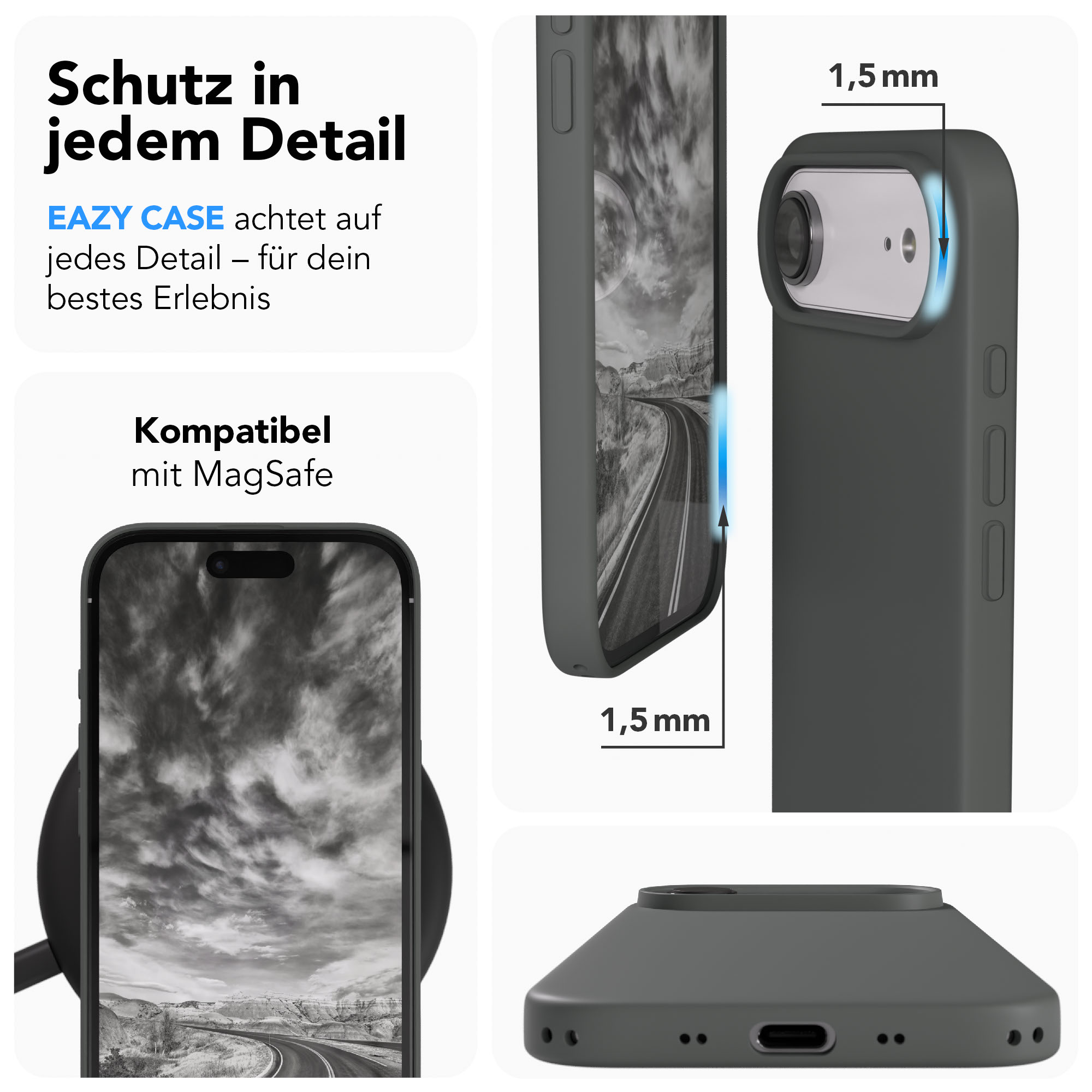 Graue Handyhülle zeigt Kameraausschnitt, MagSafe und Ladeanschluss.