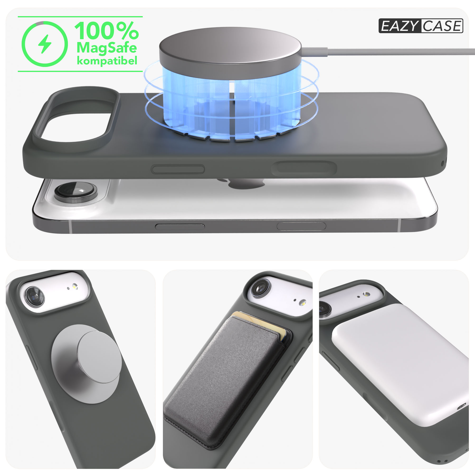 iPhone mit MagSafe-Ladegerät, Ständer und Kartenhalter. Graues Case.