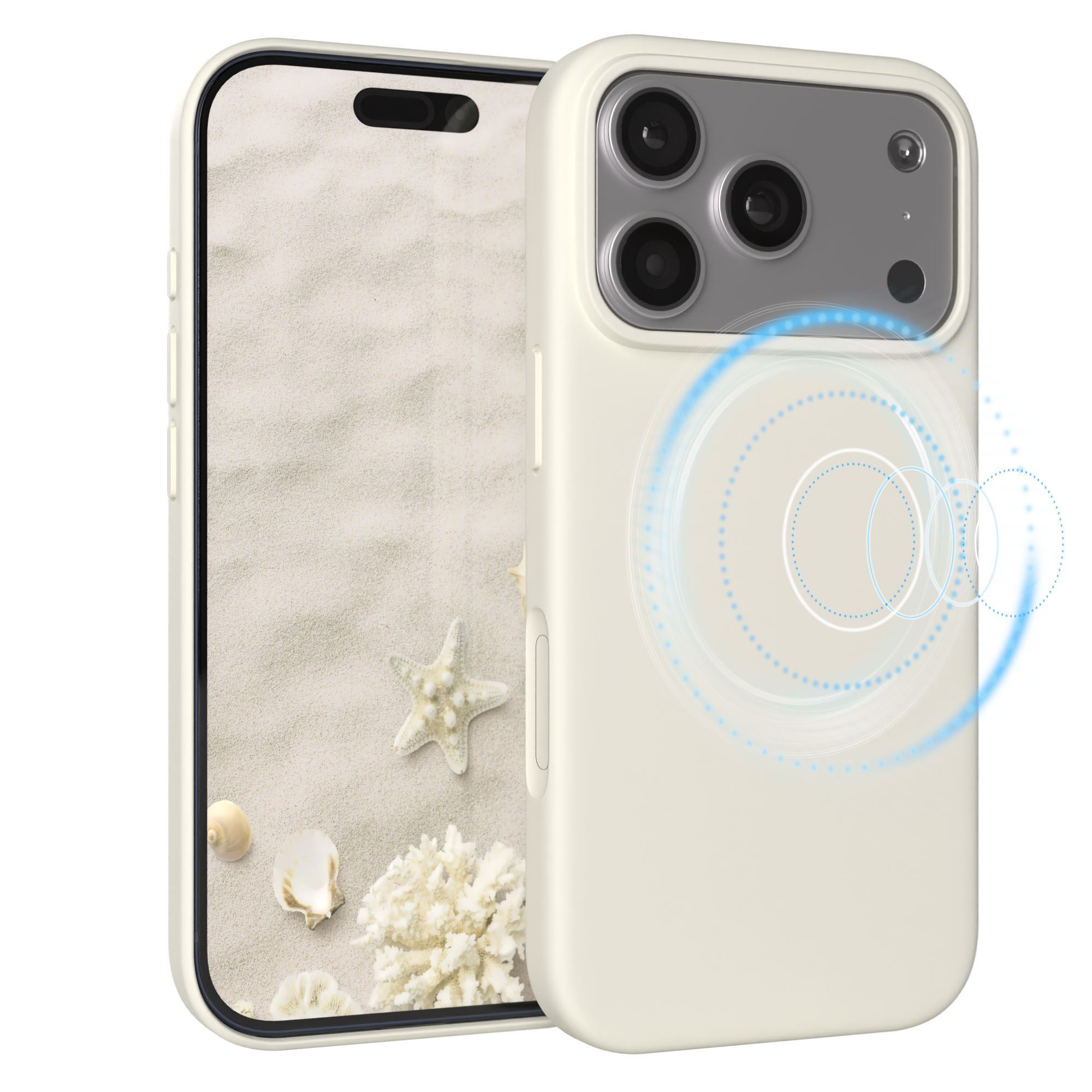 Ein cremefarbenes Handy mit Sandmuster, Muscheln und Seesternen auf dem Bildschirm.