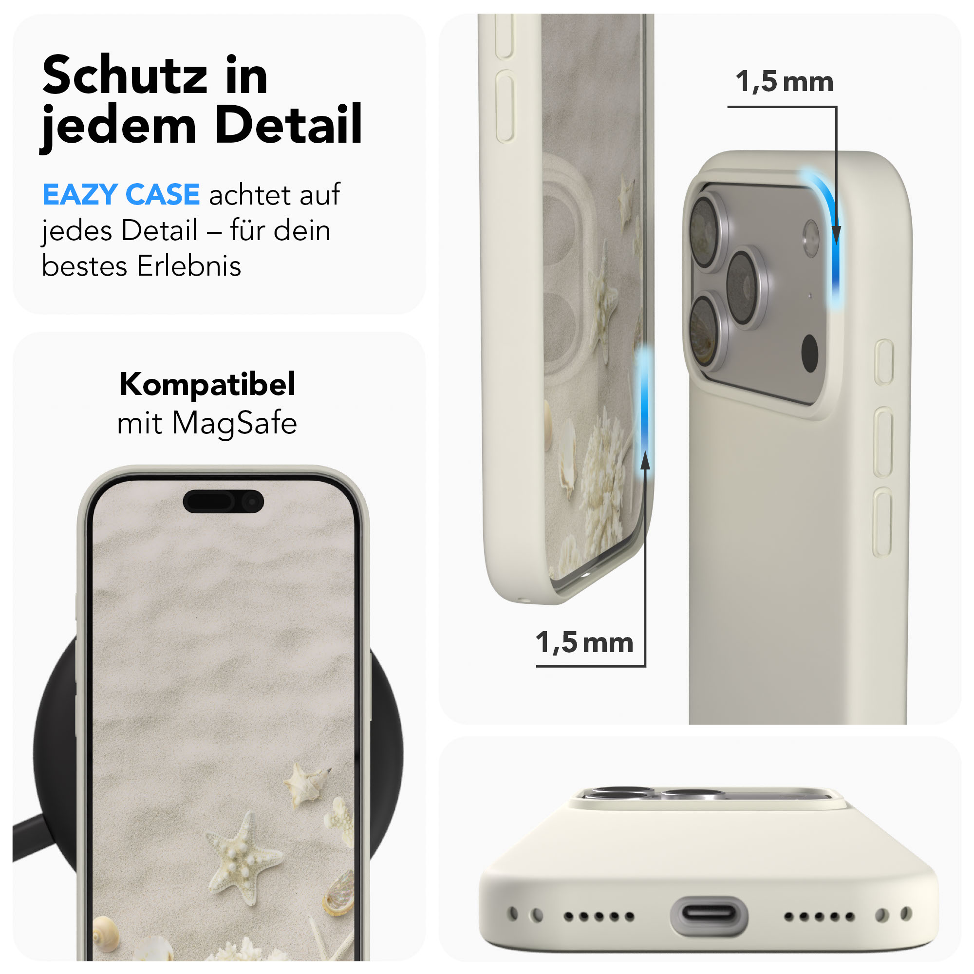 Eine helle Handyhülle mit Seesterndekor, 1,5 mm Dicke.