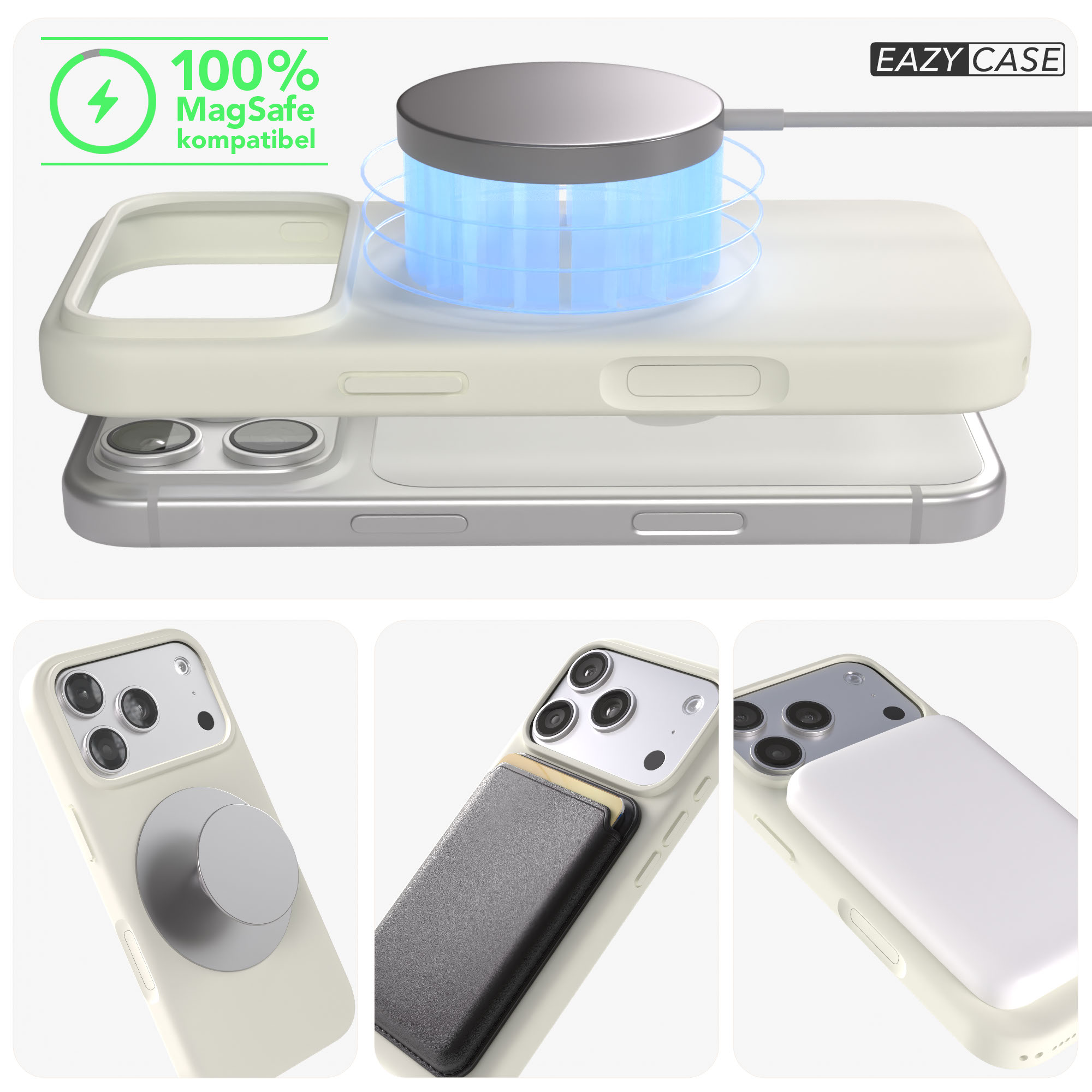 Ein iPhone mit MagSafe-Ladegerät und Hülle. Detailansichten zeigen Zubehör.