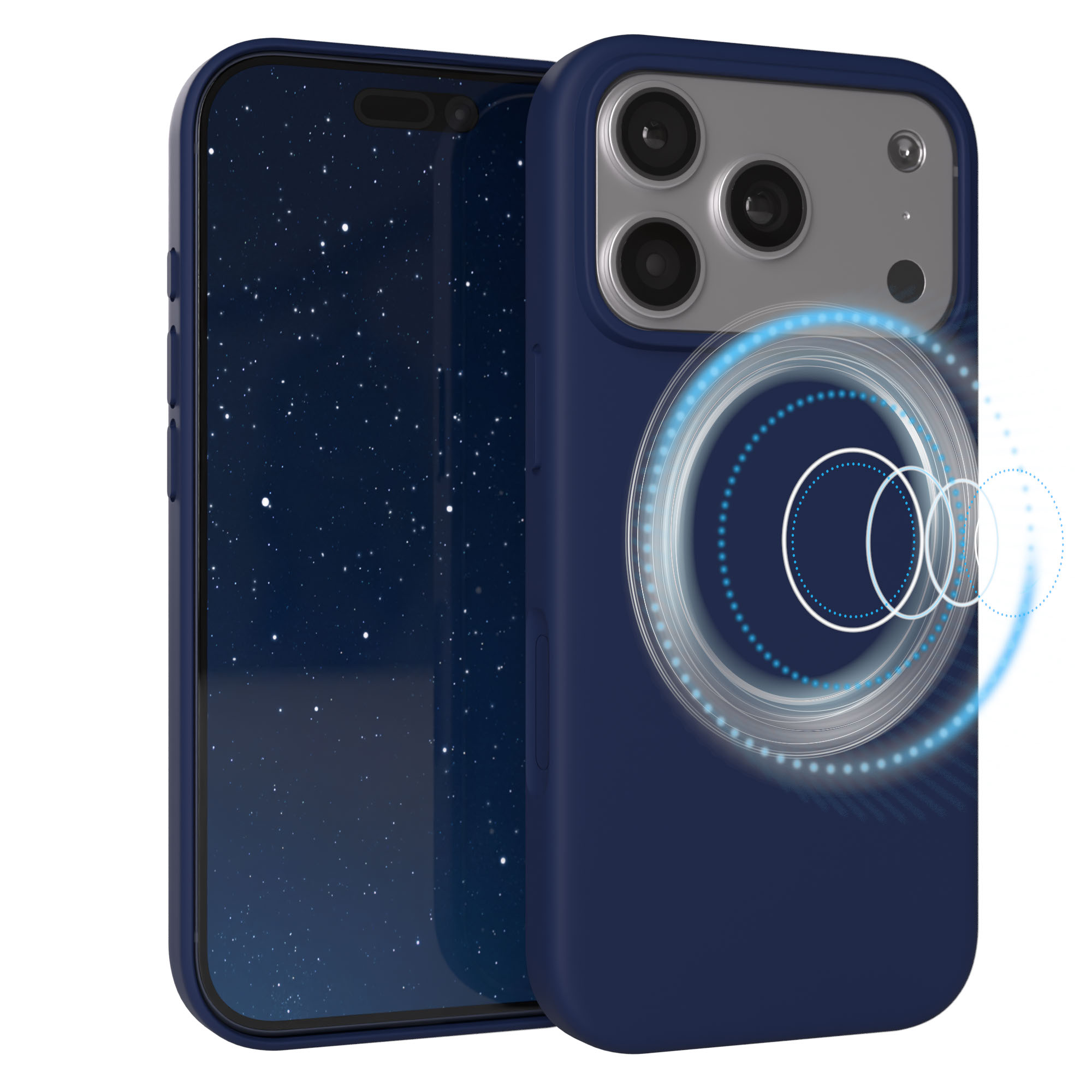 Dunkelblaue Hülle für ein Smartphone mit Sternenhimmel-Hintergrund und Kameras.