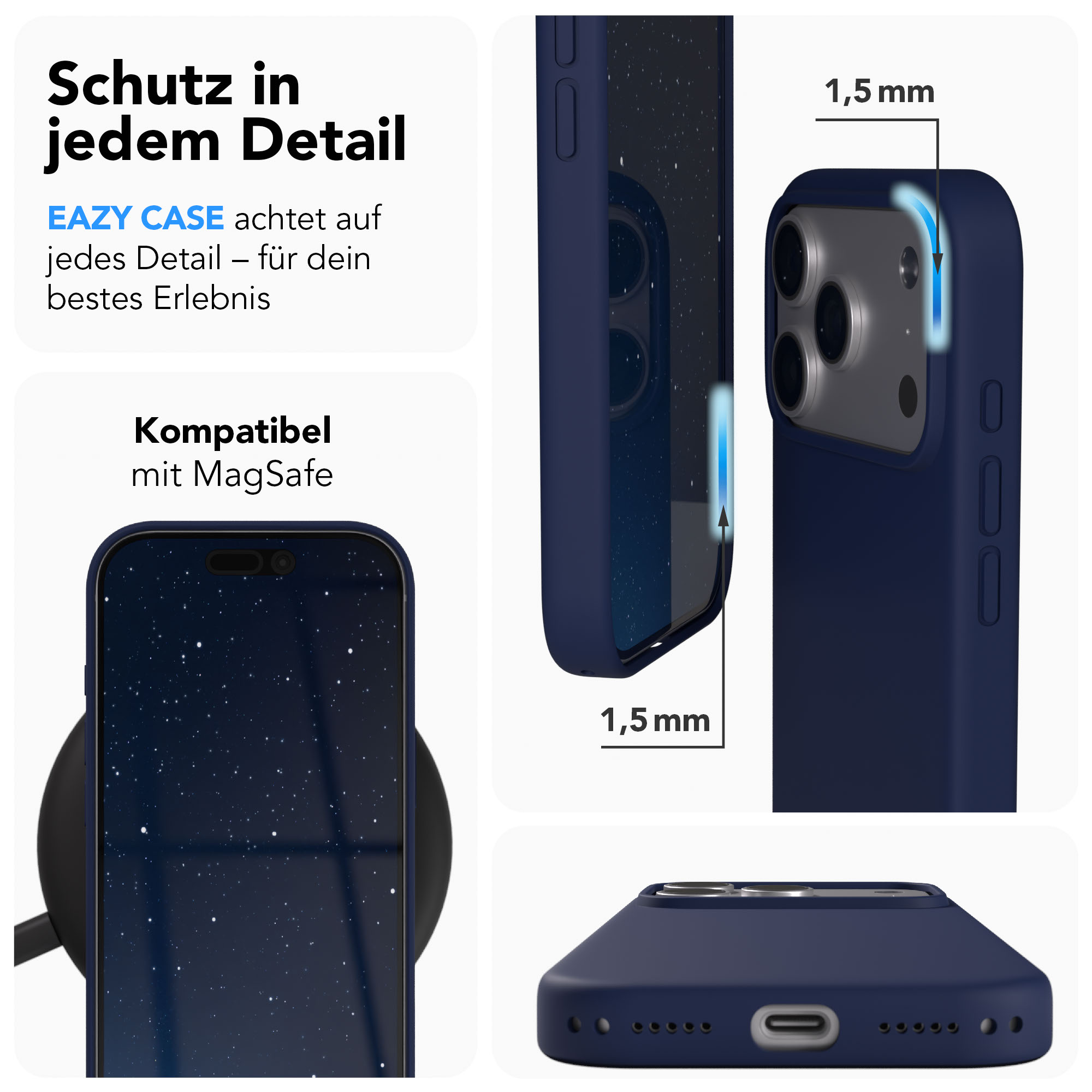 Dunkelblaue Handyhülle mit Sternenmuster, 1,5 mm Dicke.