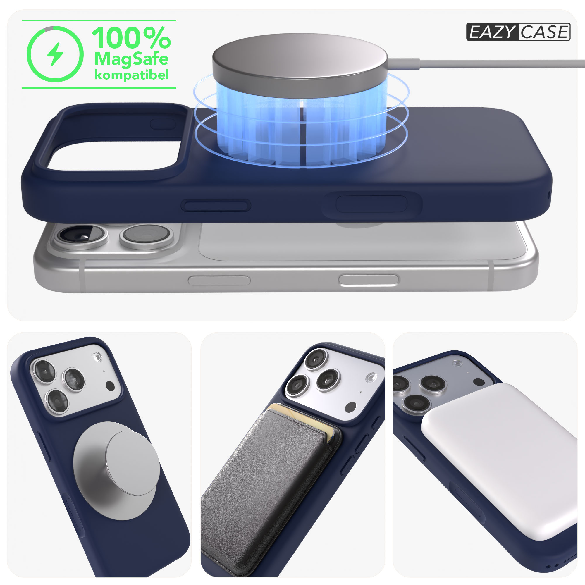 Dunkelblaues iPhone-Case, MagSafe-Ladegerät, Handyhalterung, Kartenetui.