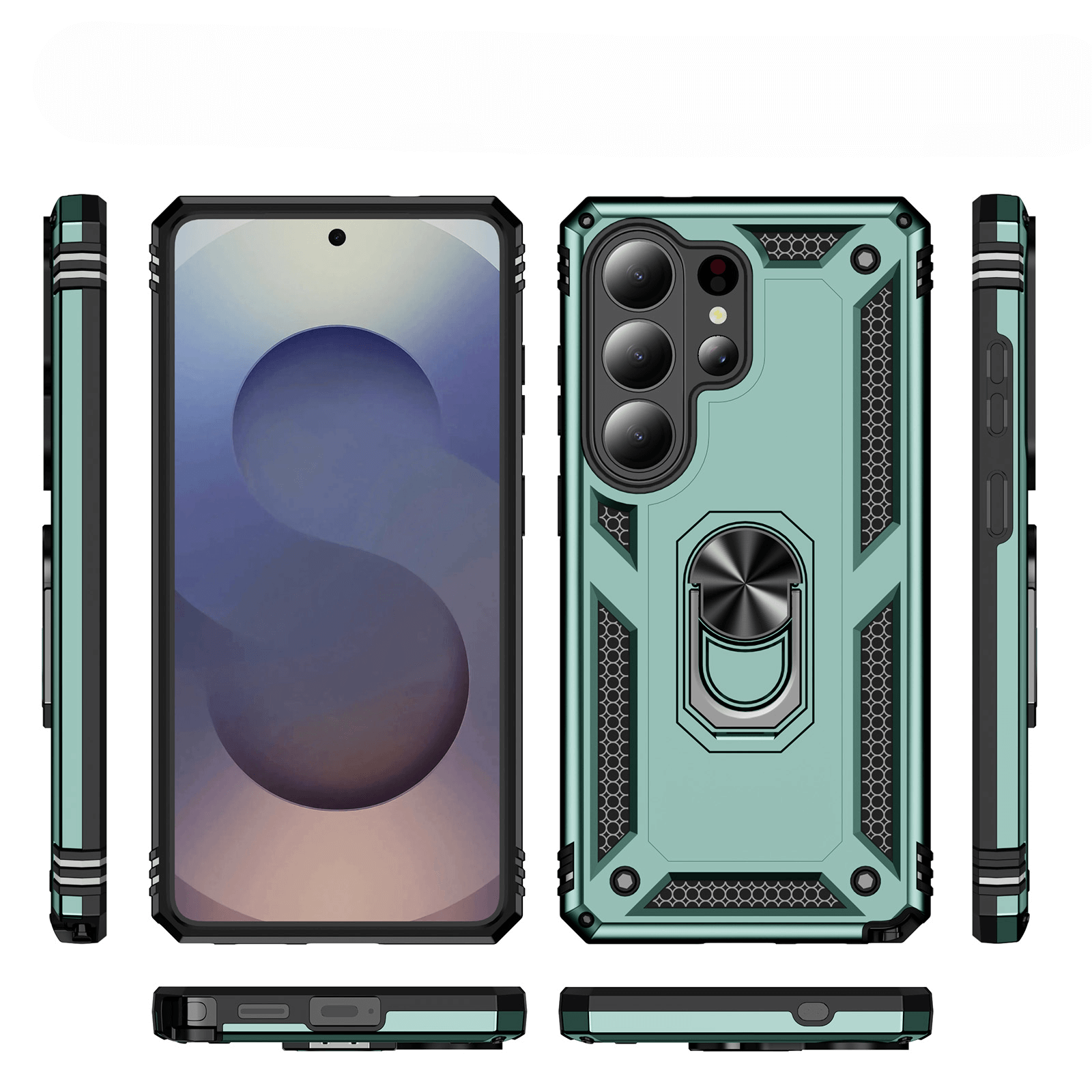 Una custodia per telefono color turchese con anello e tre fotocamere.