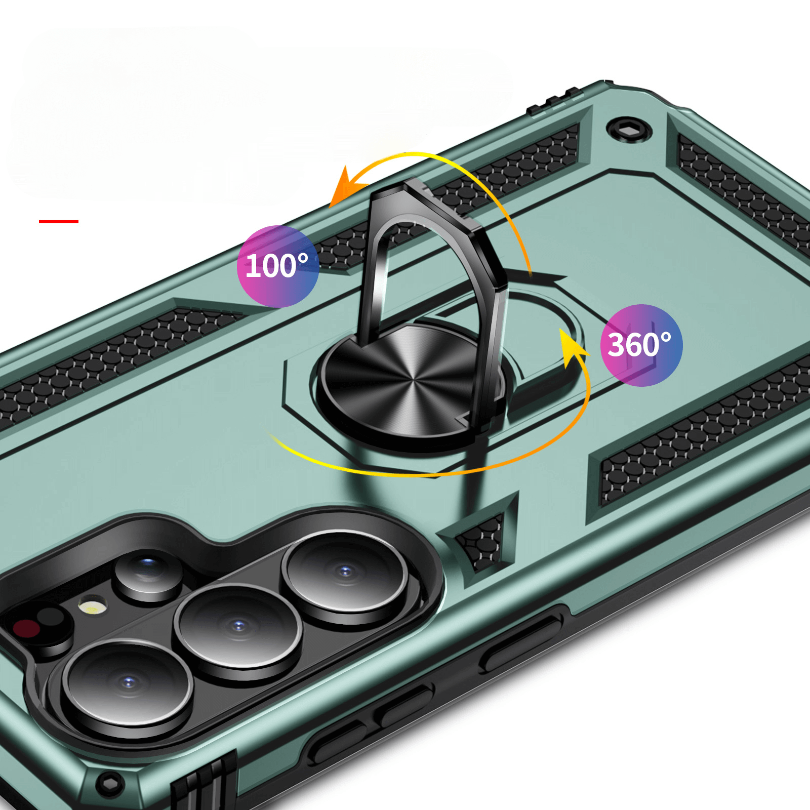 Custodia verde per telefono con anello integrato, rotazione 100° e 360°.