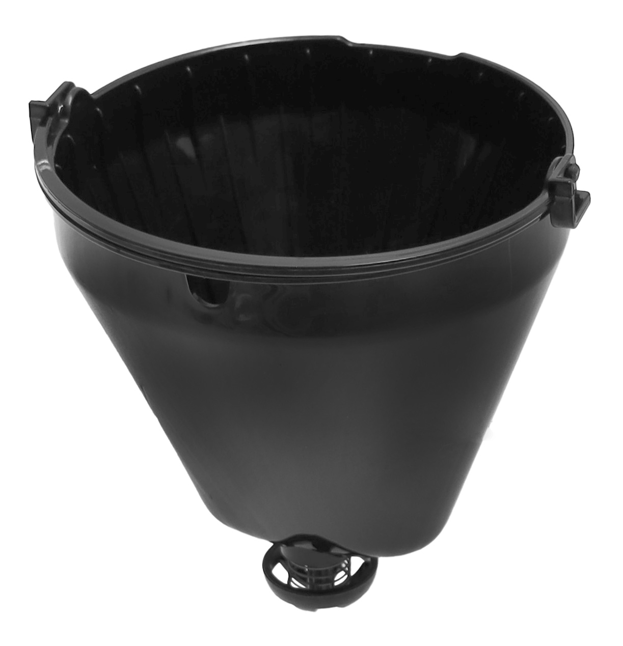 Schwarzer Kaffeefilterhalter mit Rillen und Griffen.
