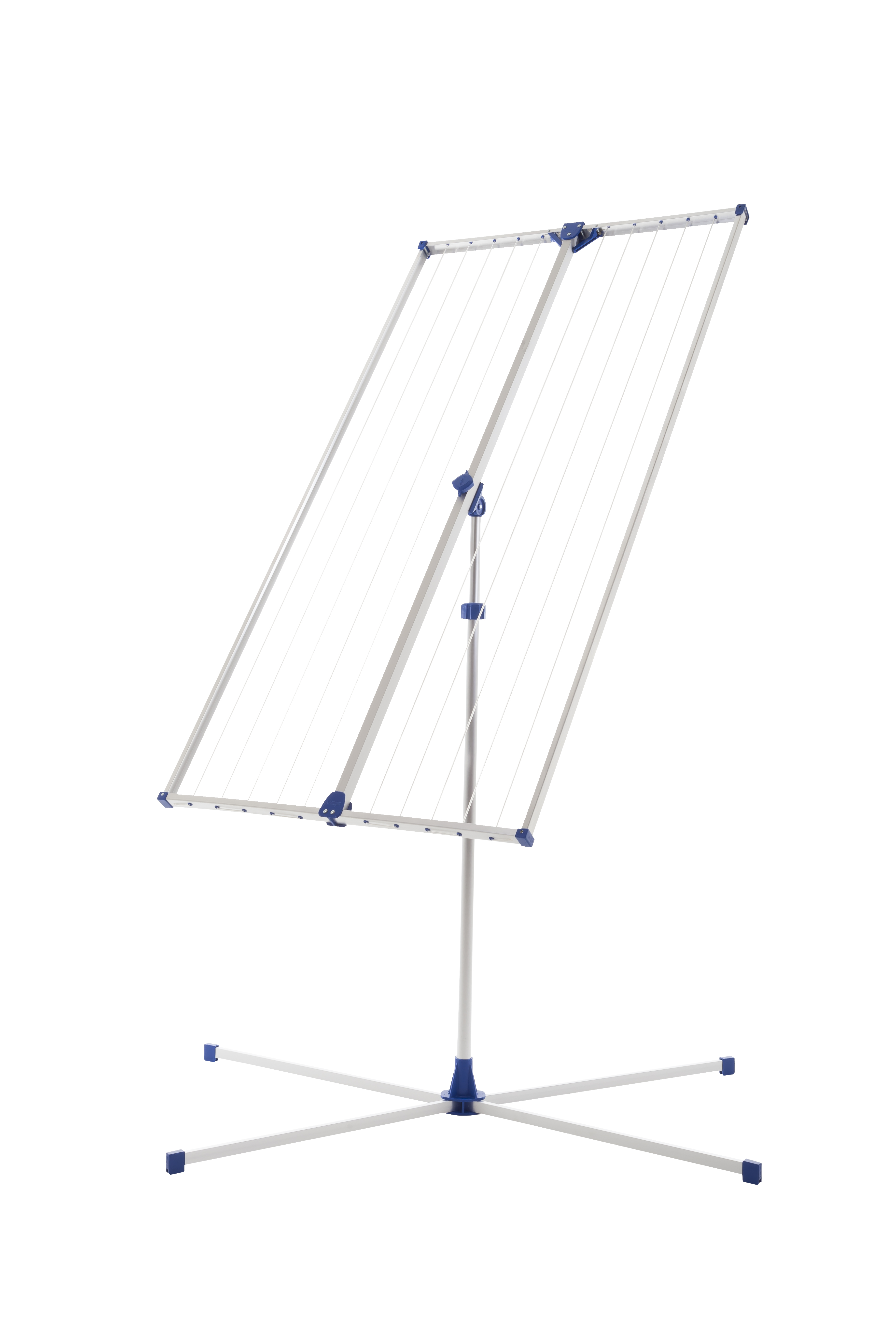 Ein zusammenklappbarer Wäscheständer mit silbernen Aluminiumrohren und blauen Verbindungsstücken.