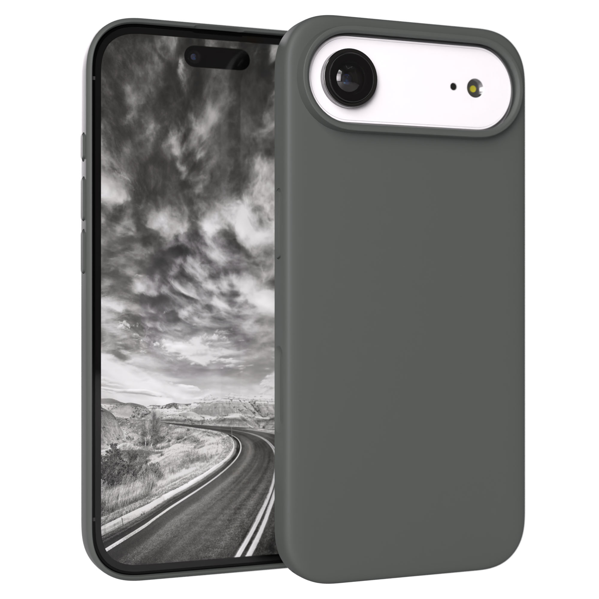 Dunkelgraues Handy mit Kamera und kurviger Straße im Hintergrund.