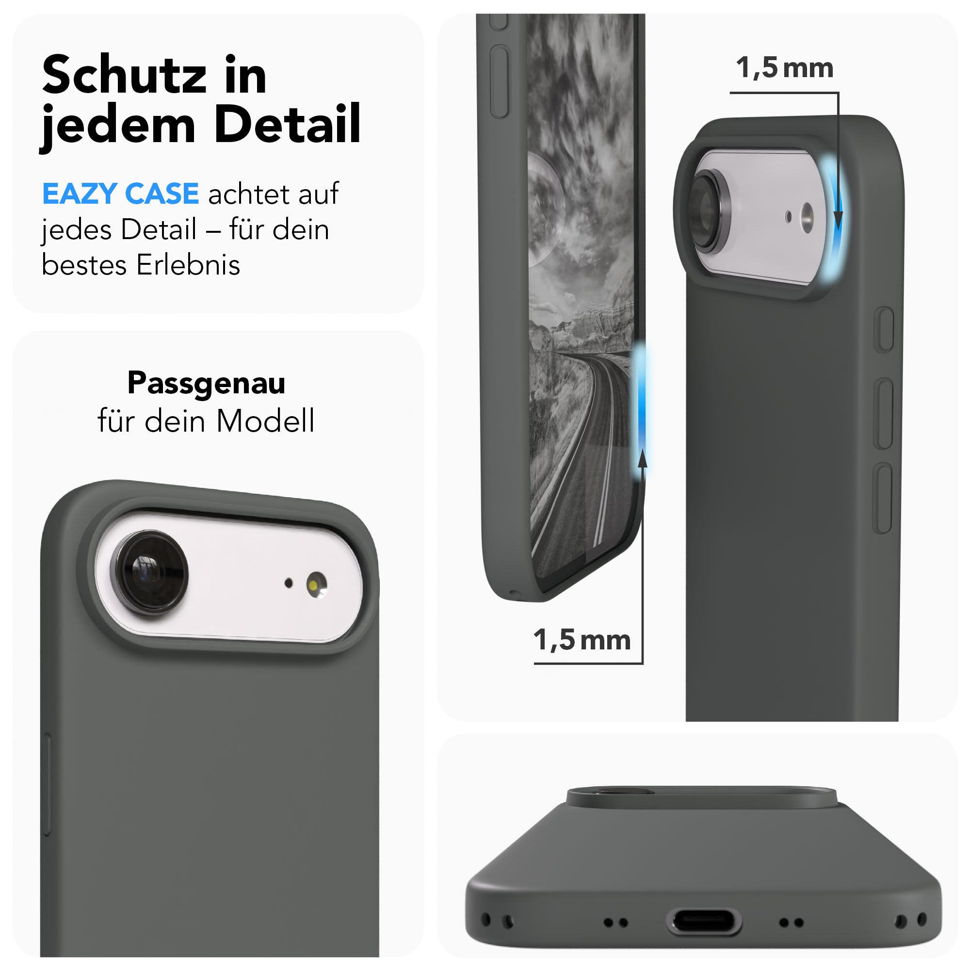 Graue Handyhülle zeigt Kamerabezug und 1,5 mm Dicke.