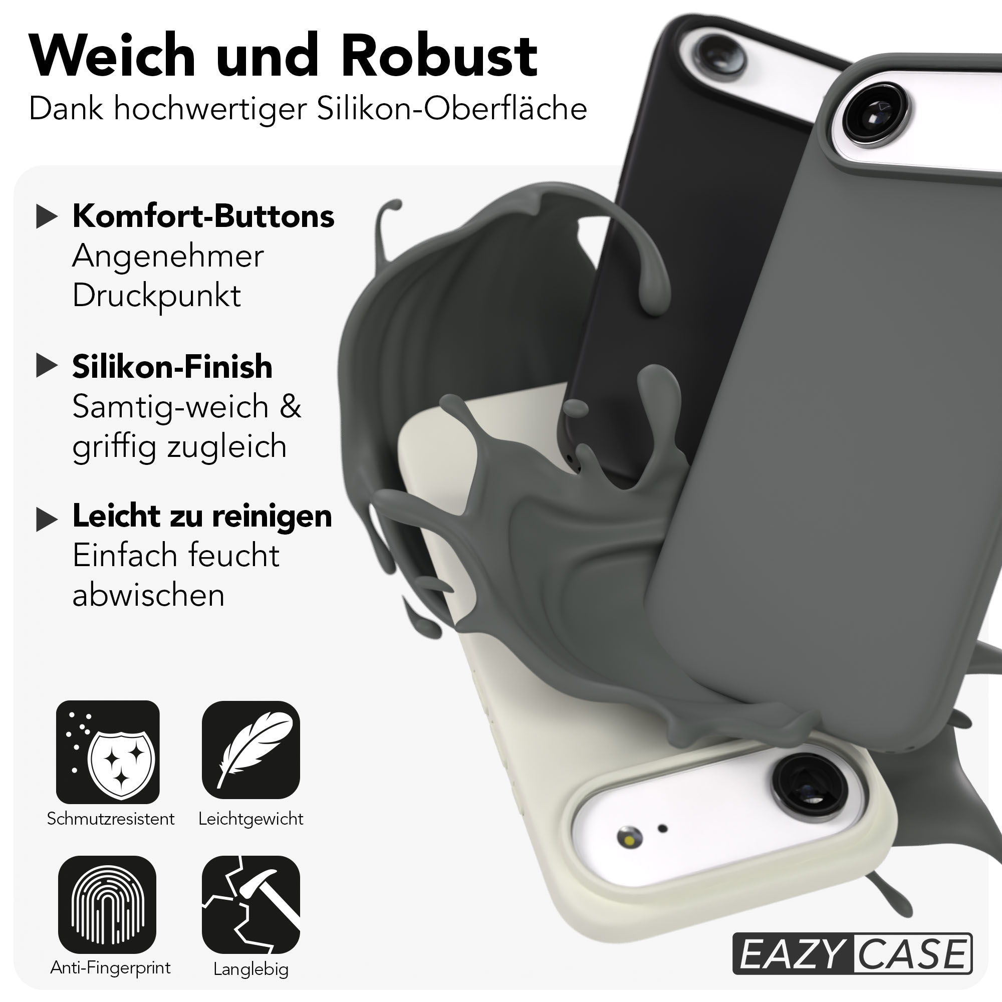 Weiche und robuste Silikonhüllen in Grau und Schwarz, mit einem Splash-Effekt.