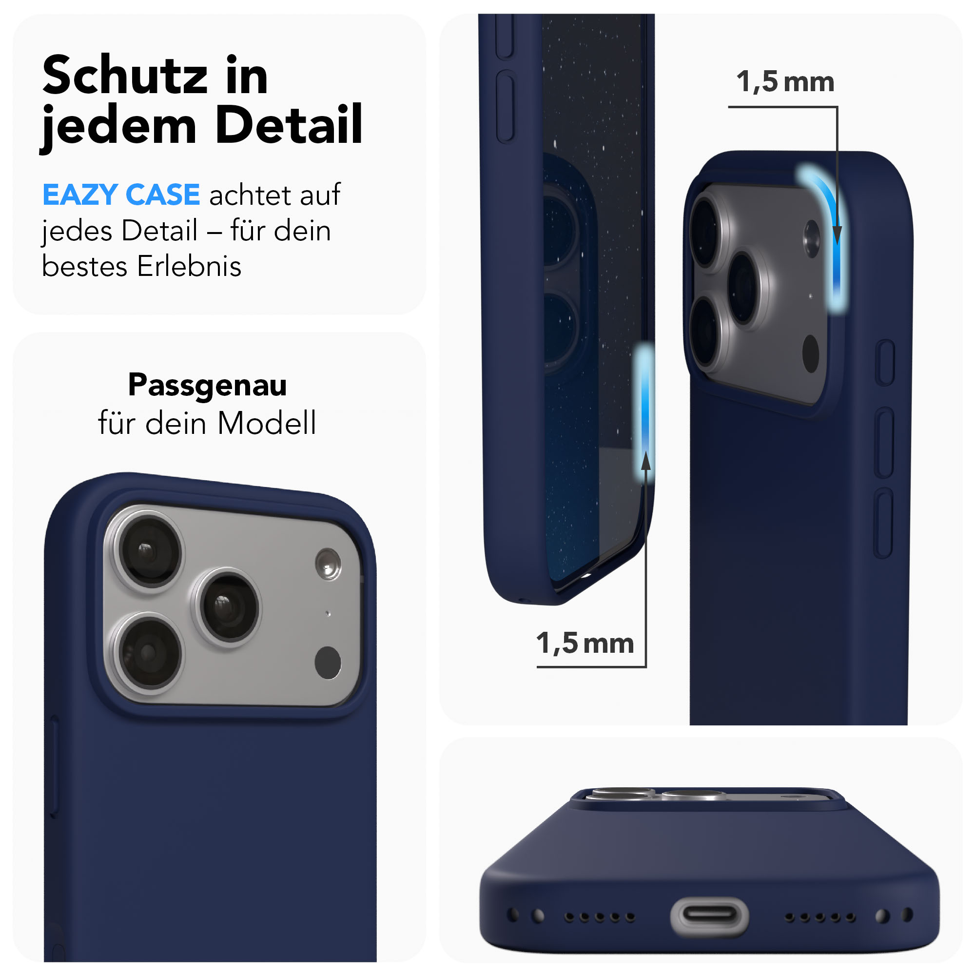 Dunkelblaue Handyhülle zeigt iPhone-Kamera und 1,5 mm Randhöhe.