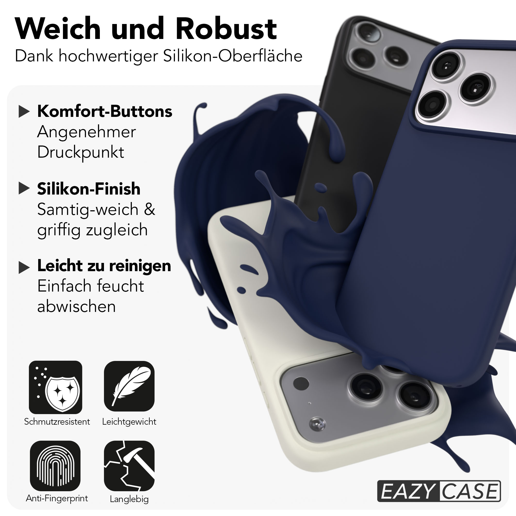 Drei Handyhüllen in Blau, Schwarz und Weiß mit blauer Farbe.