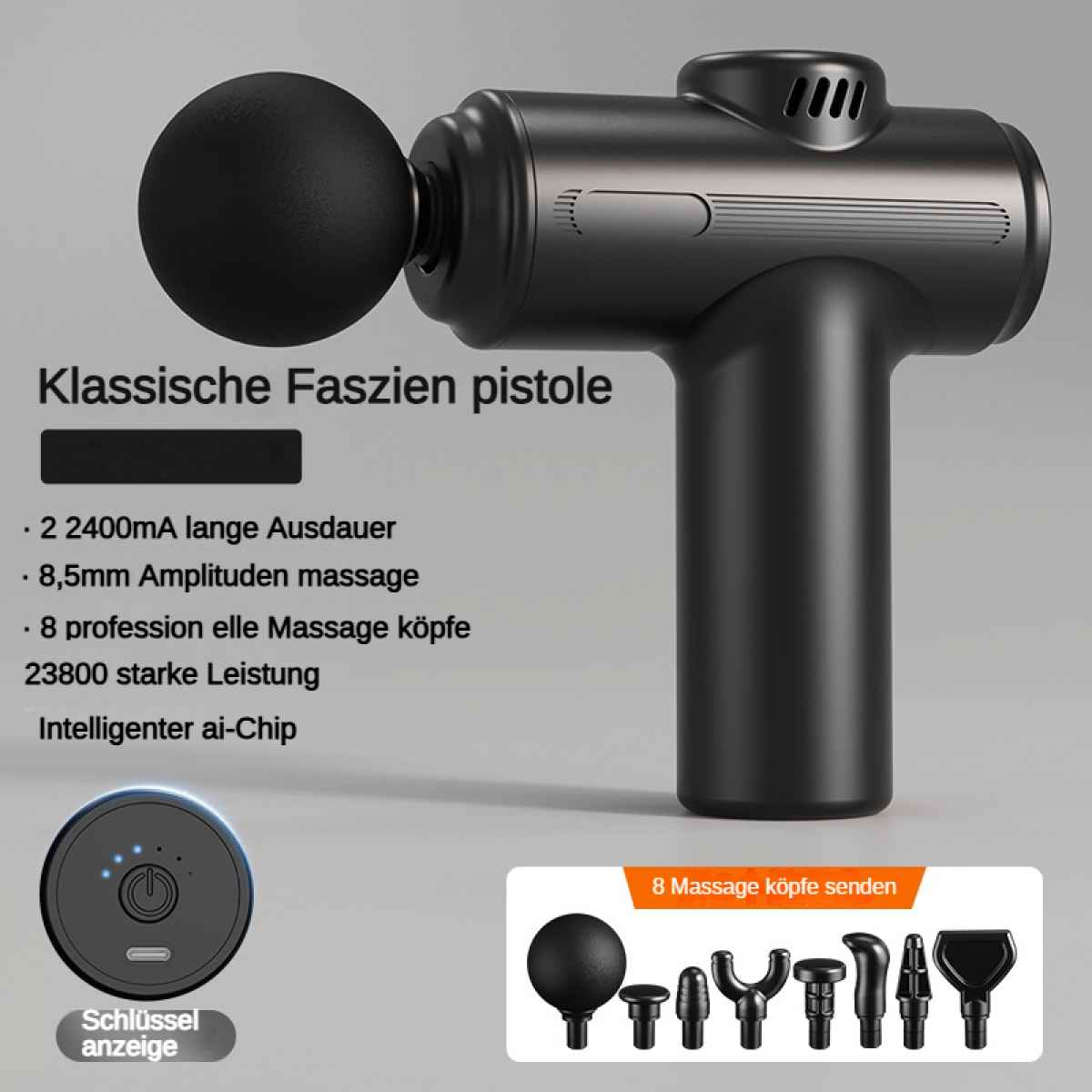 Schwarze Massagepistole mit verschiedenen Aufsätzen und Akku-Anzeige.