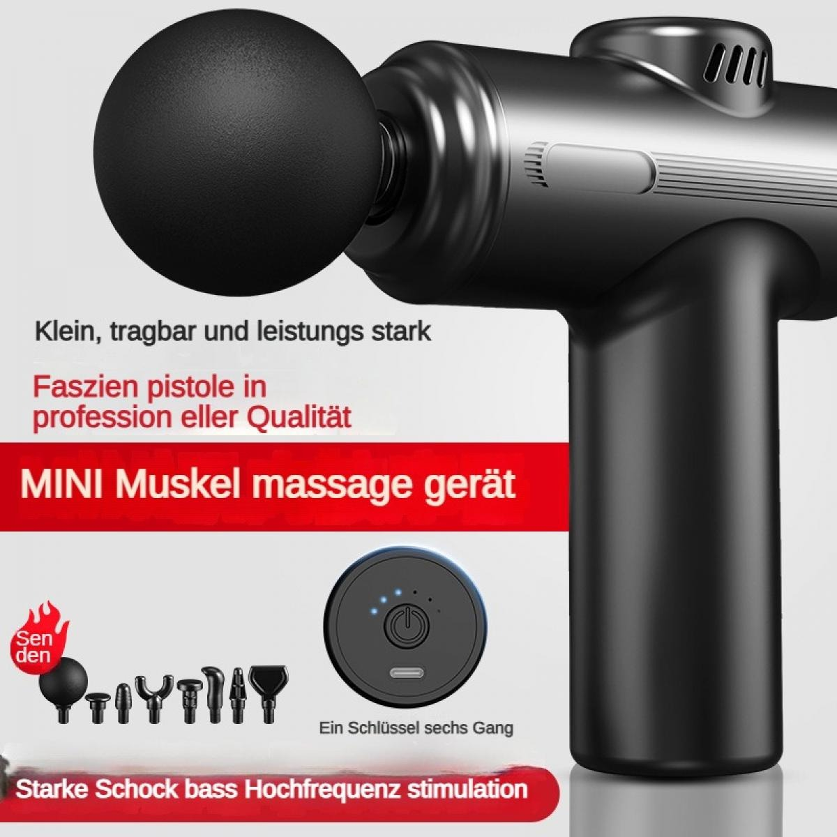 Schwarze Massagepistole mit Aufsätzen und Steuerkreis. Deutscher Text.