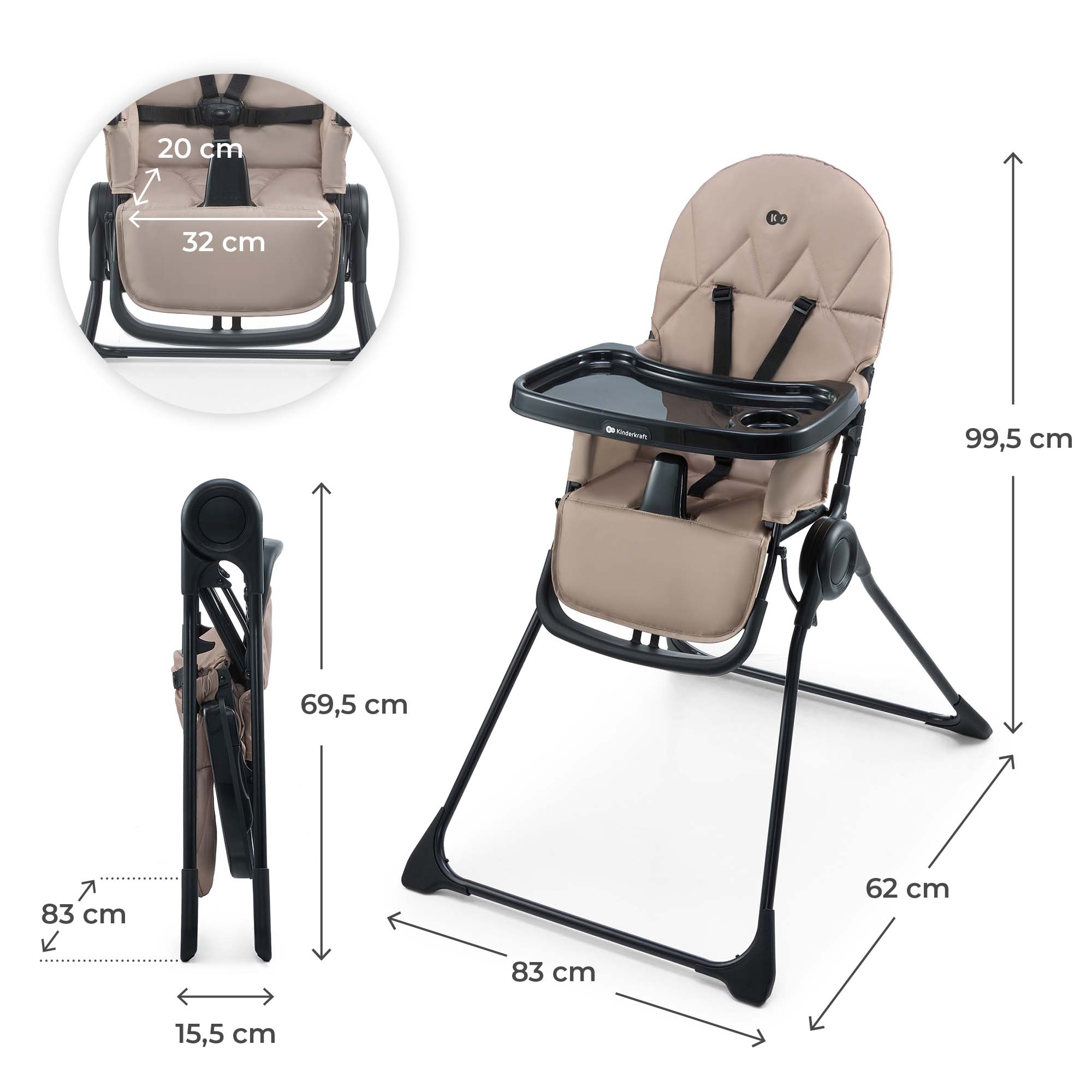 Ein beiger Kinderhochstuhl mit Tablett und Gurten, Maße sind angegeben.