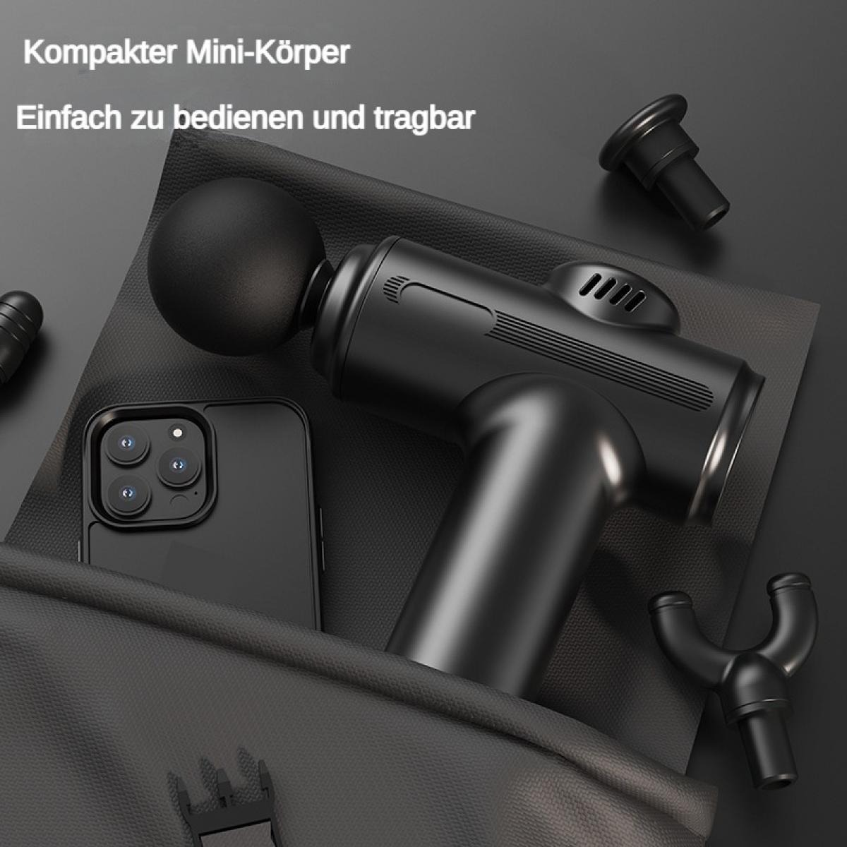 Schwarze Massagepistole mit Aufsätzen und Smartphone in einer Tasche.