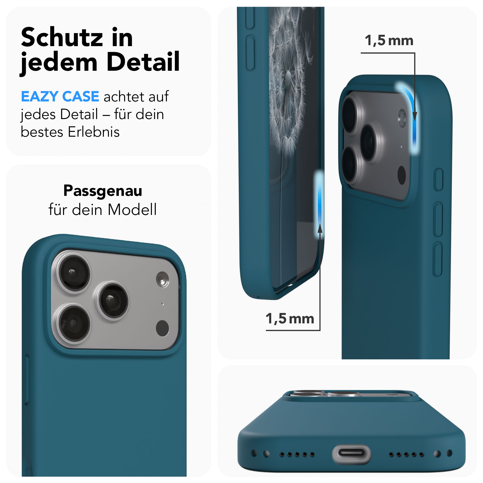 Blauer Handyhülle zeigt 1,5mm Dicke und Handy-Kamera.