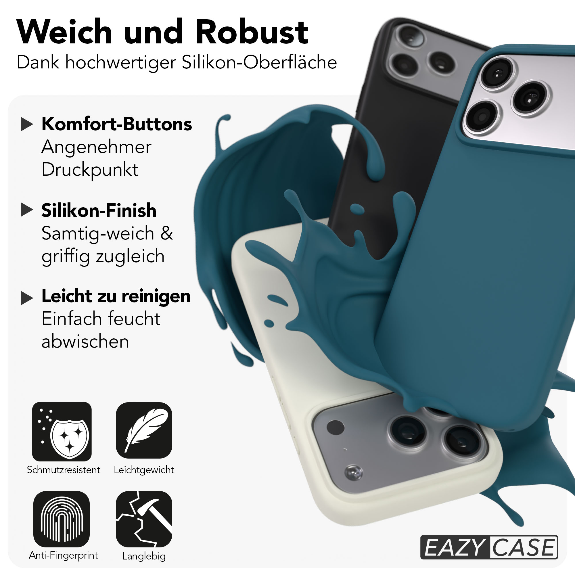 Blaue und weiße Handyhüllen mit spritzendem blauen Material.