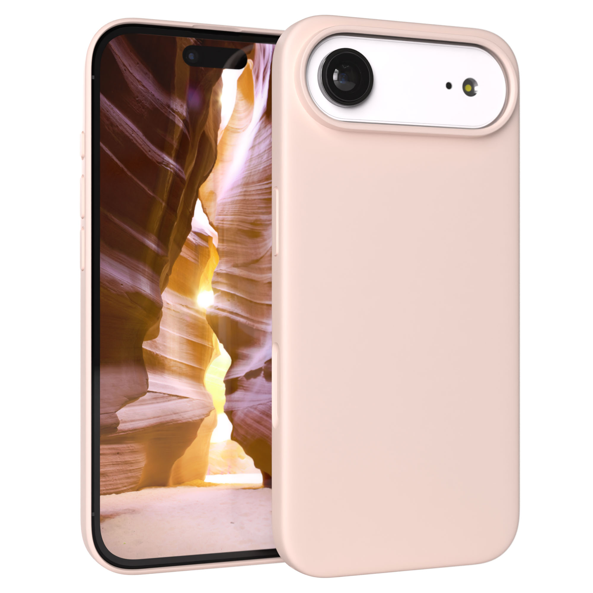 Ein rosafarbenes Handy mit einer Canyon-Landschaft auf dem Bildschirm.