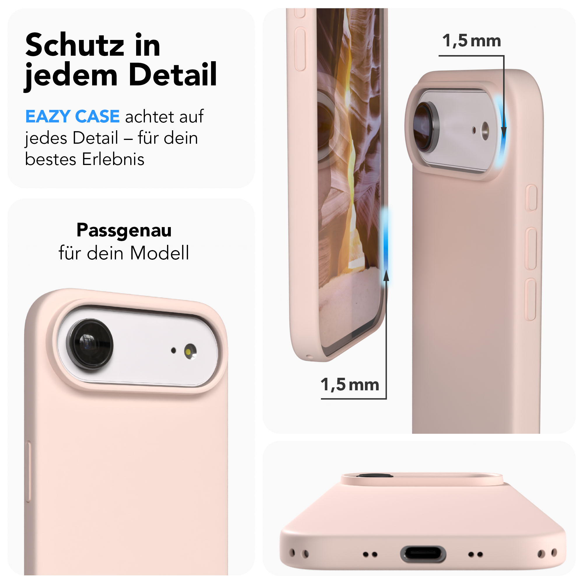 Ein hellrosa Handyhülle mit Fokus auf Kameraschutz und Präzision.
