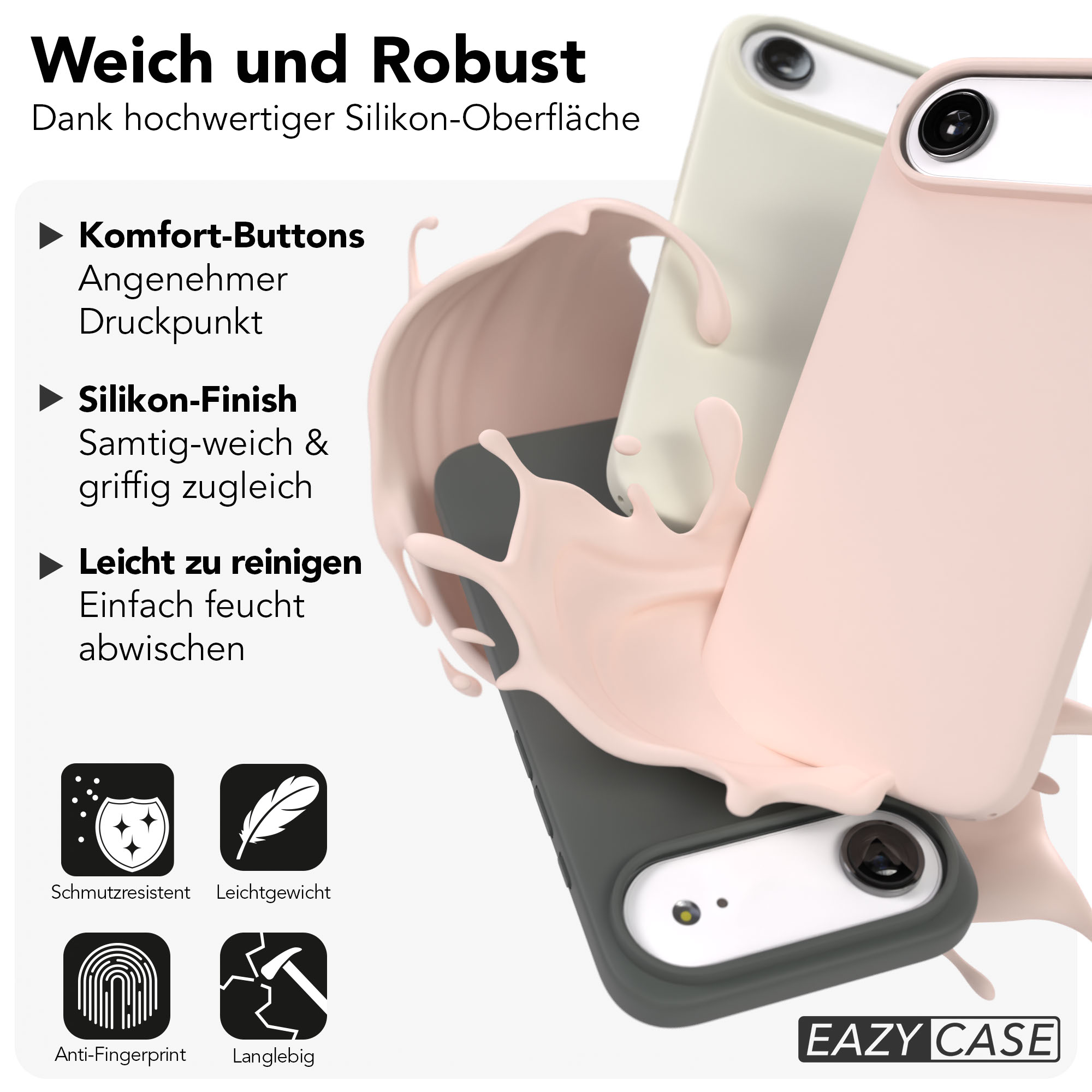 Weiche und robuste Handyhüllen in Rosa, Grün und Grau mit Silikonspritzer.