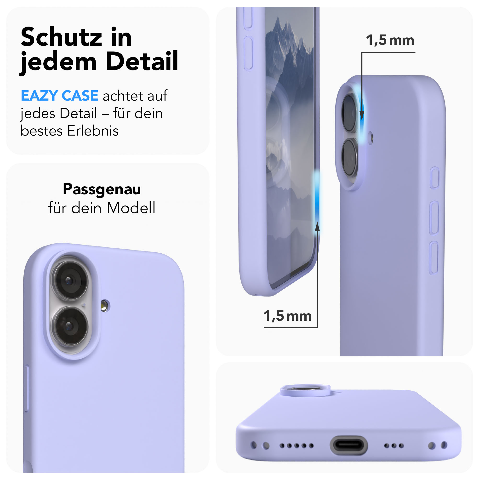 Eine lila Handyhülle mit Kameraausschnitt und Beschriftungen von 1,5 mm.