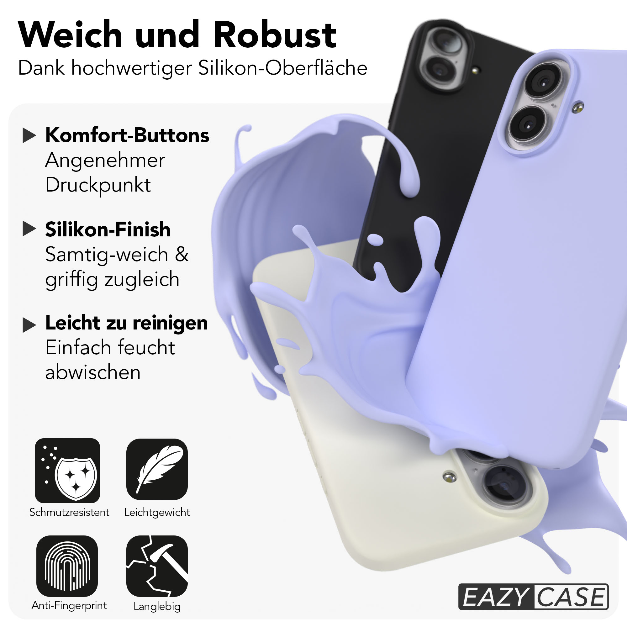 Drei Smartphone-Hüllen in Lavendel, Schwarz und Beige, umgeben von einer lila Flüssigkeit.