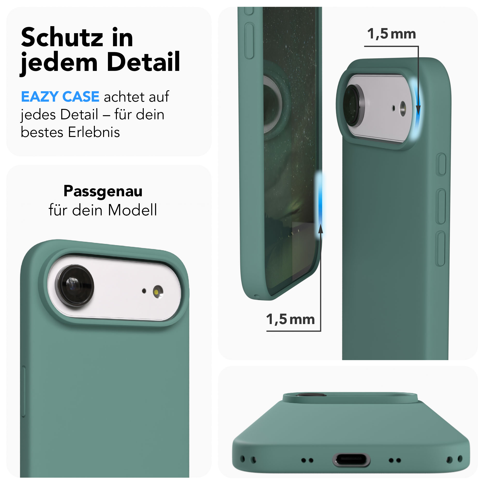 Grüne Handyhülle zeigt Schutz und Präzision, 1,5mm Rand.