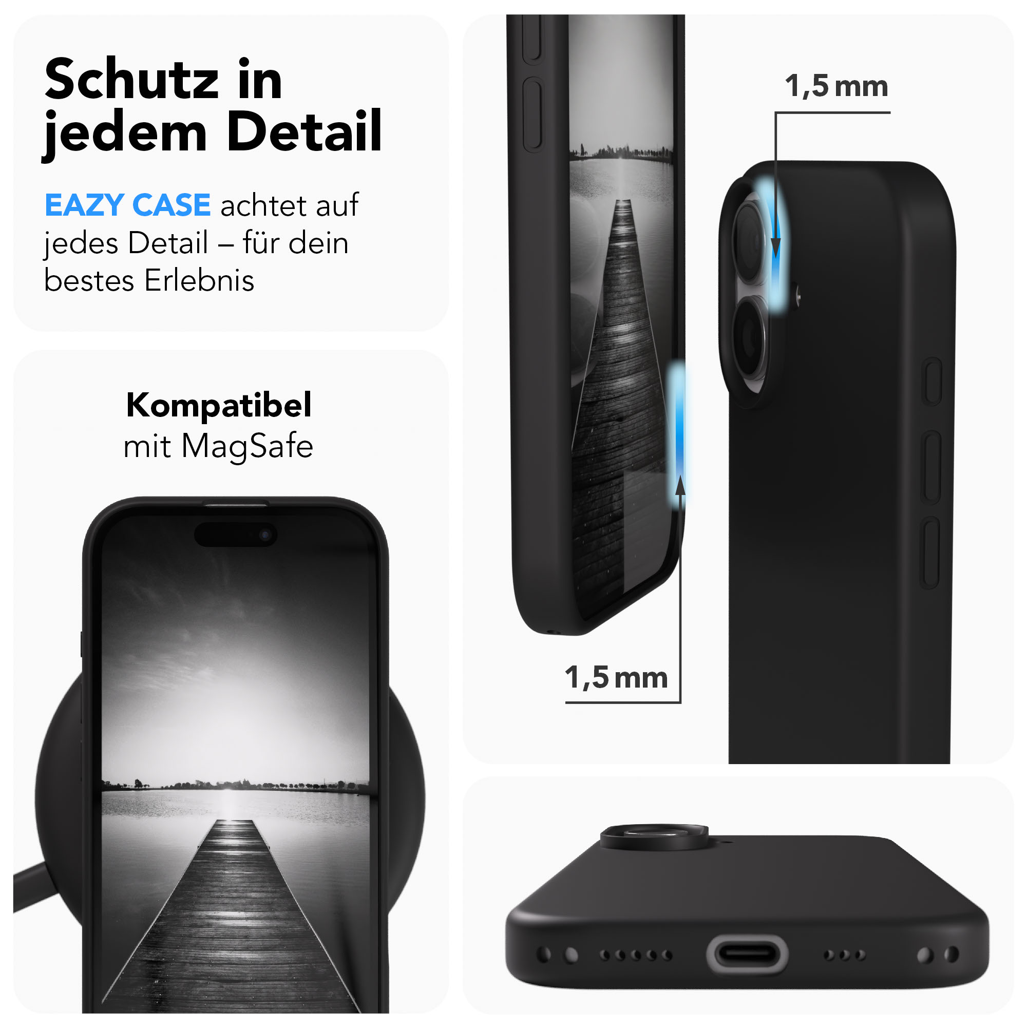 Schwarze Handyhülle zeigt Kameraschutz (1,5mm) und MagSafe-Kompatibilität.