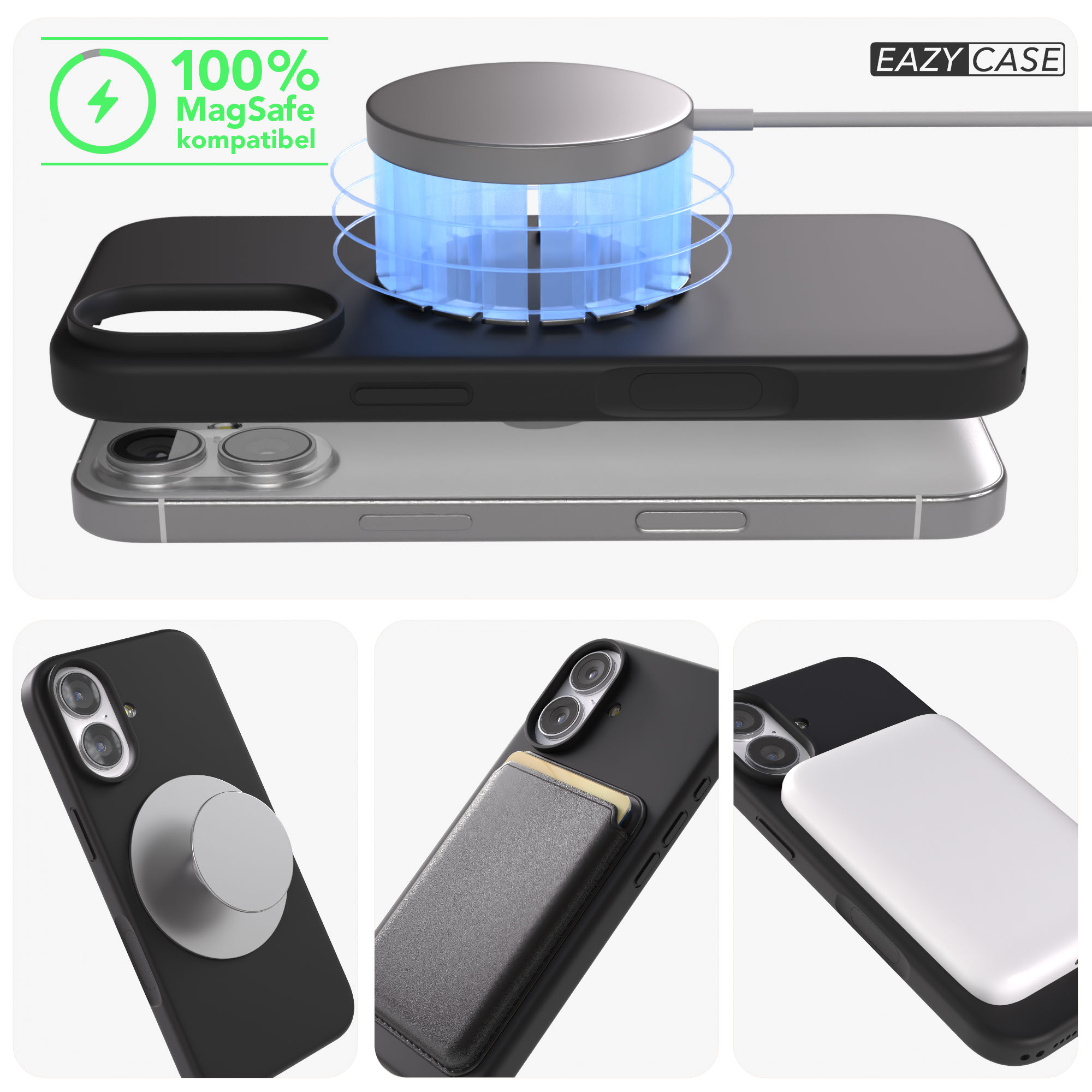 Ein schwarzes iPhone mit MagSafe-Ladegerät und Zubehör.