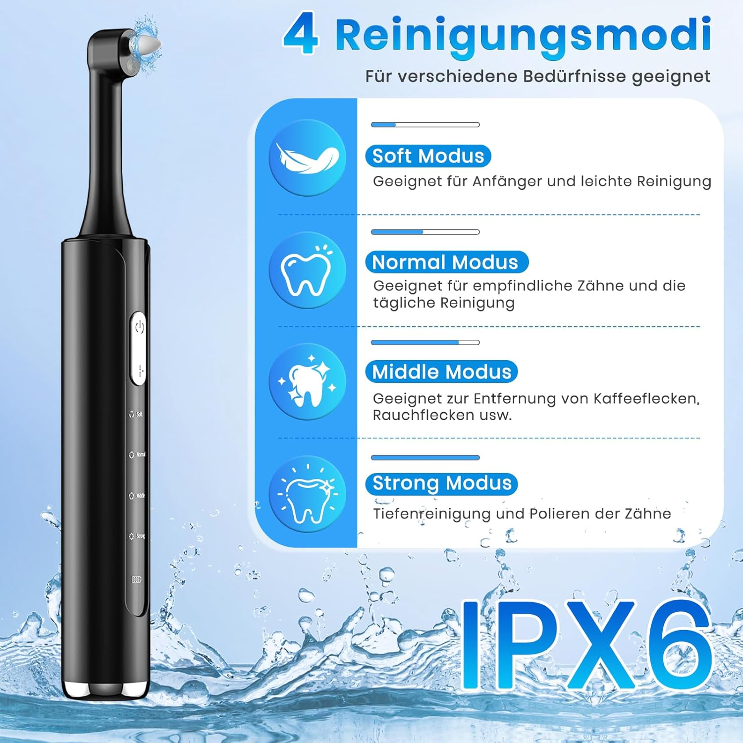 Schwarze elektrische Zahnbürste mit 4 Reinigungsmodi: Soft, Normal, Middle, Strong.