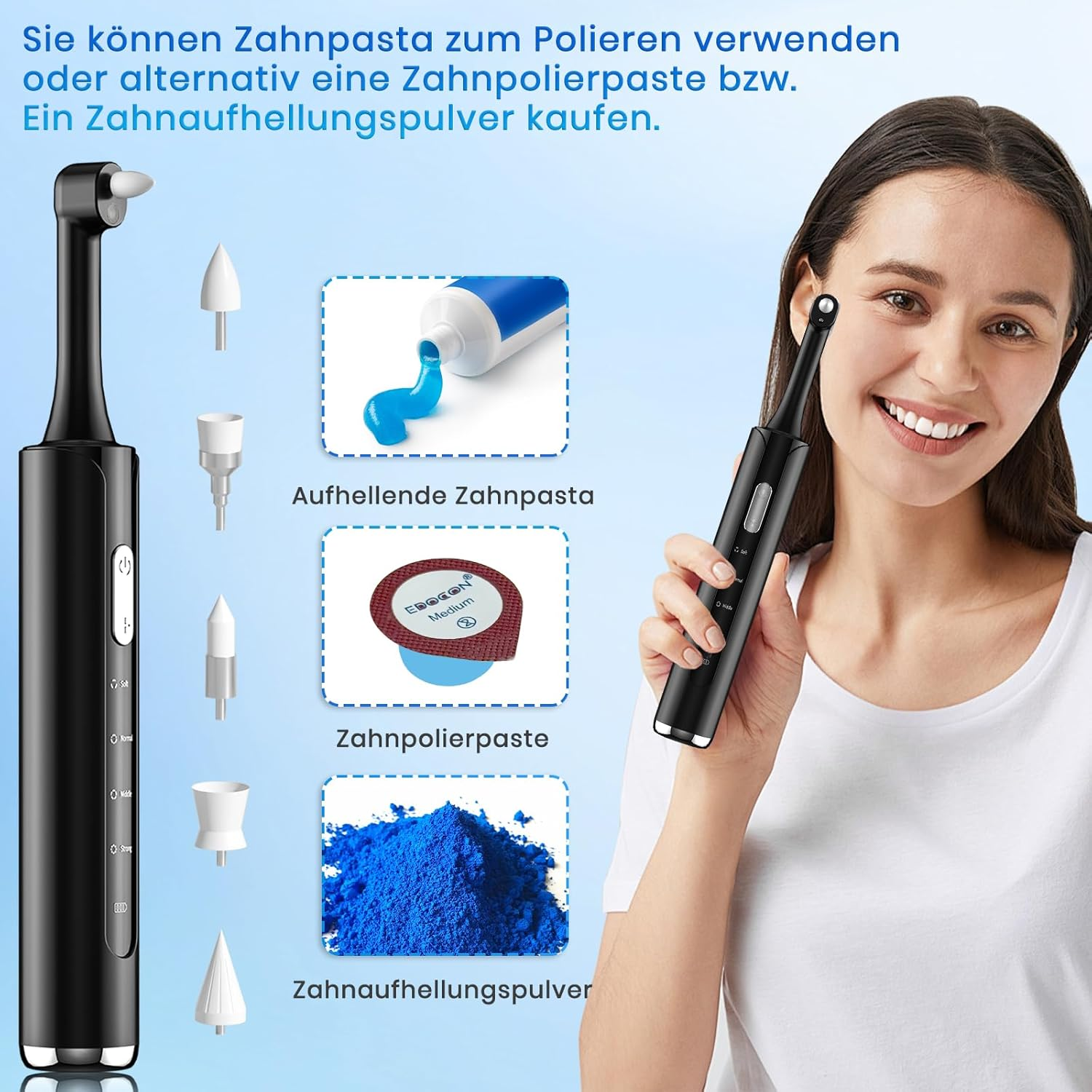 Frau mit elektrischem Zahnpolierer und Zubehör: Zahnpasta, Polierpaste, Pulver.