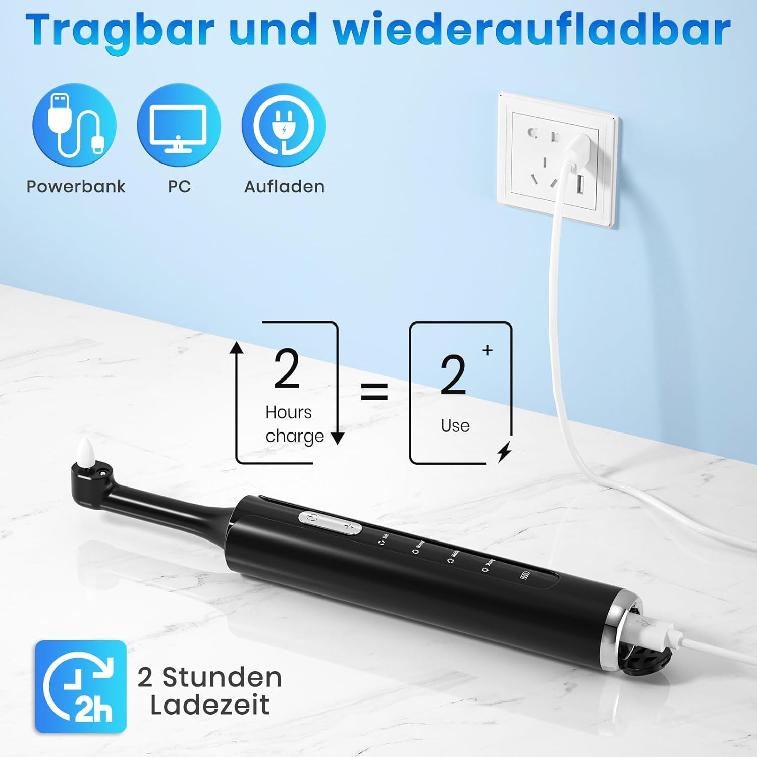 Schwarzes elektrisches Mundstück lädt über USB an einer Steckdose. 2 Std. Ladezeit.