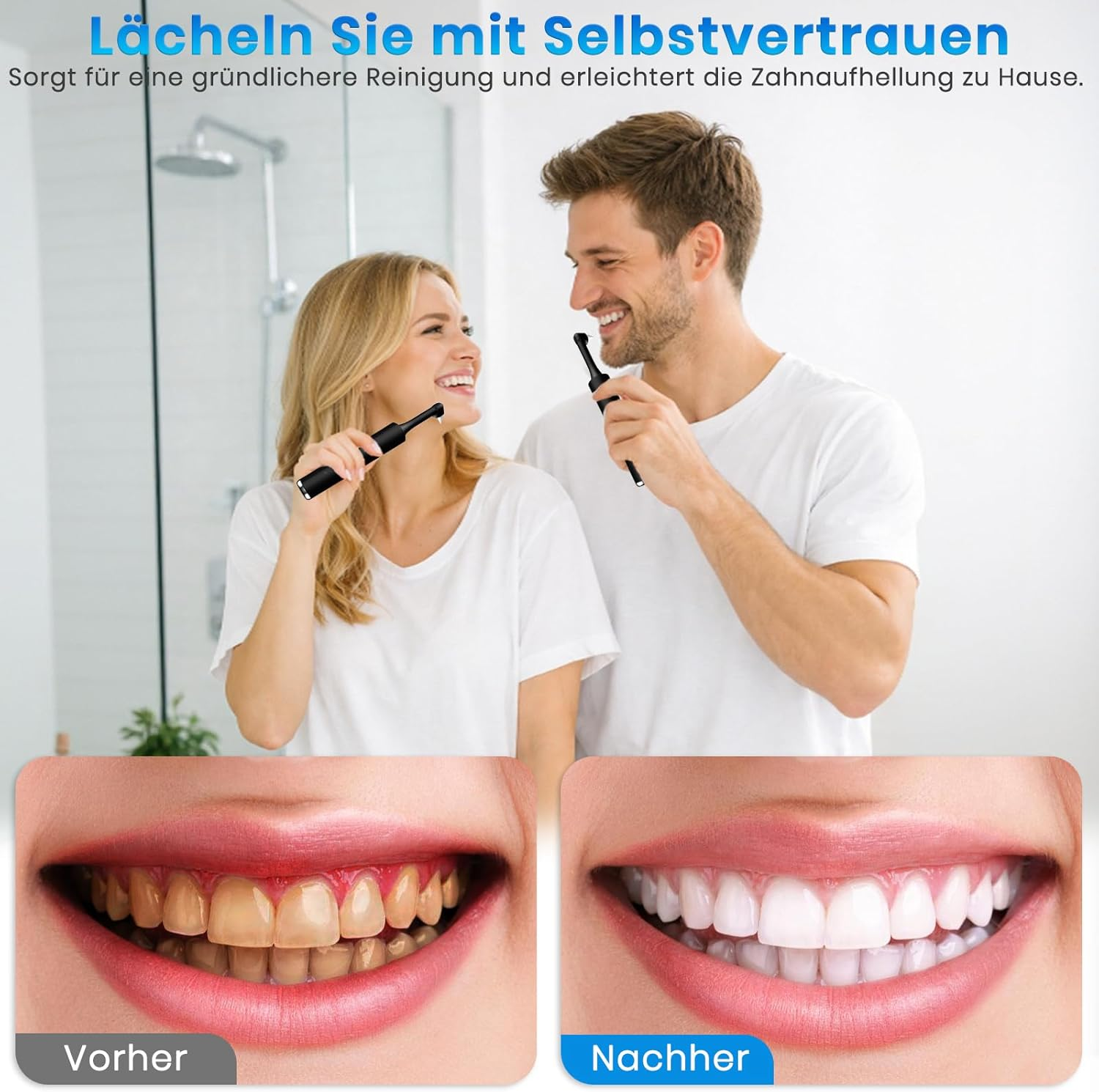 Mann und Frau lächeln, halten Zahnbürsten. Vorher/Nachher-Zähne.