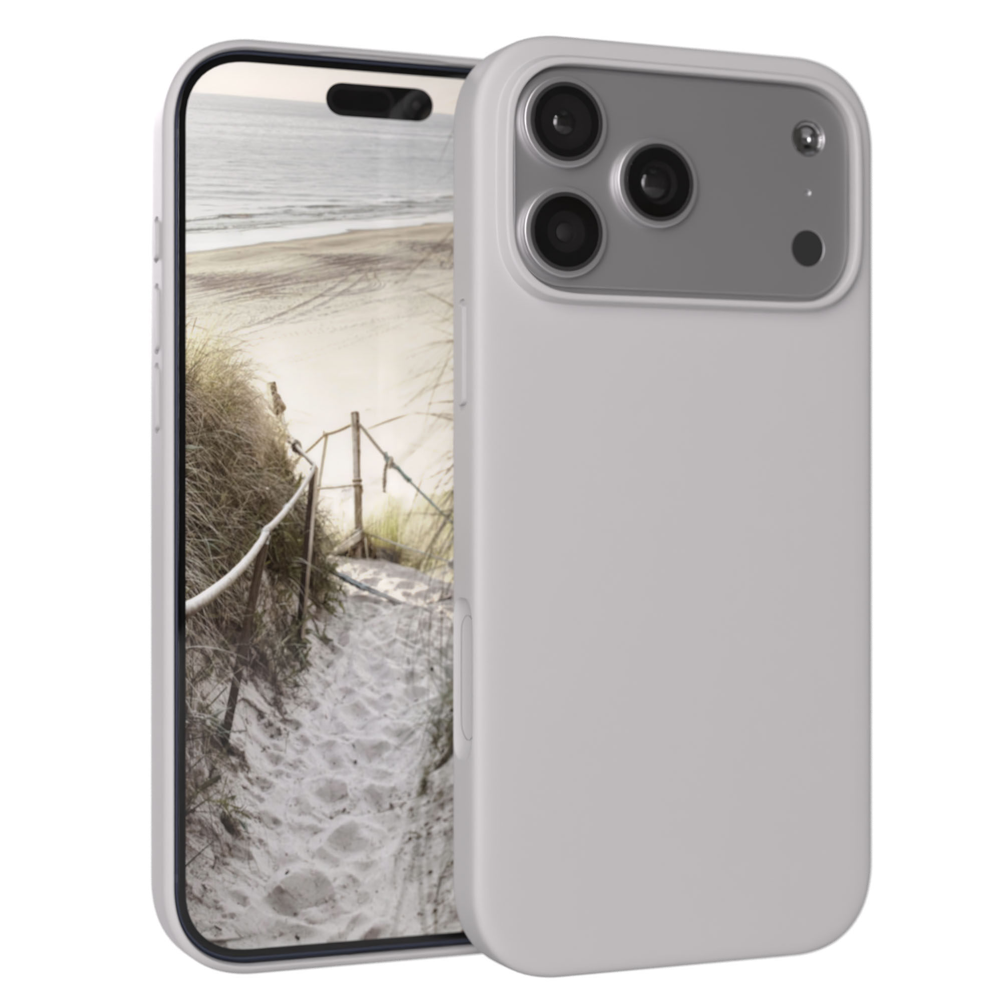 Ein hellgraues Smartphone mit einer Strandlandschaft auf dem Bildschirm, weiße Strandhafer und ein Seilgeländer.