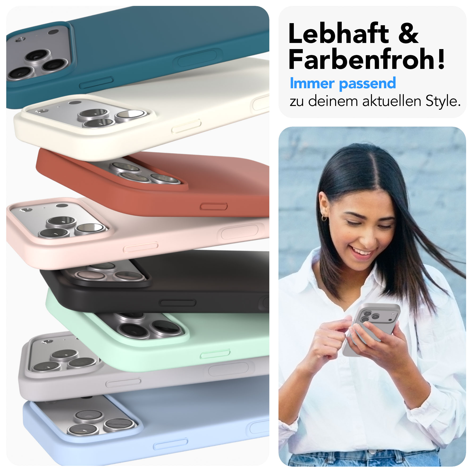 Mehrere iPhone-Hüllen in Pastellfarben gestapelt neben einer Frau mit Handy.