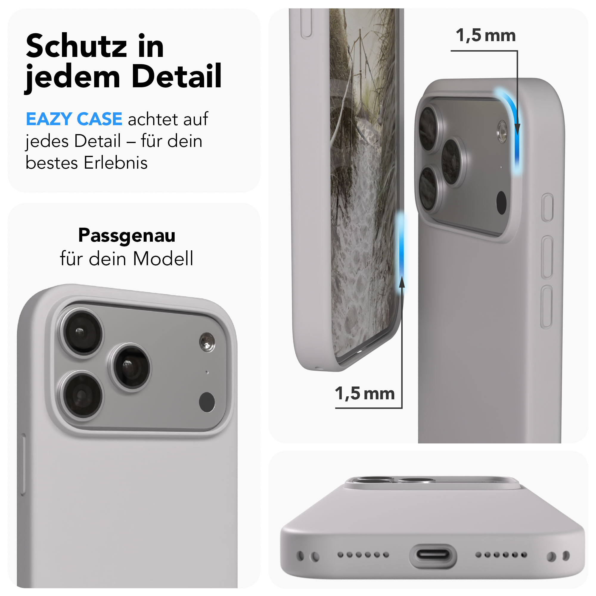 Graues Handycase mit 1,5mm Schutz. Zeigt Kameralinsen und Ladeanschluss.