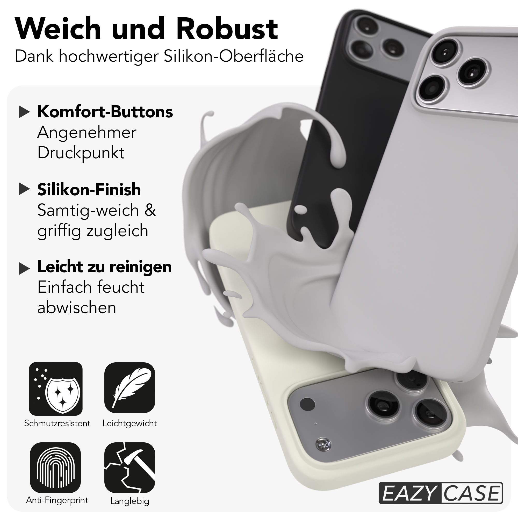 Drei iPhone-Hüllen in Grau, Schwarz und Beige, umgeben von flüssiger Farbe.
