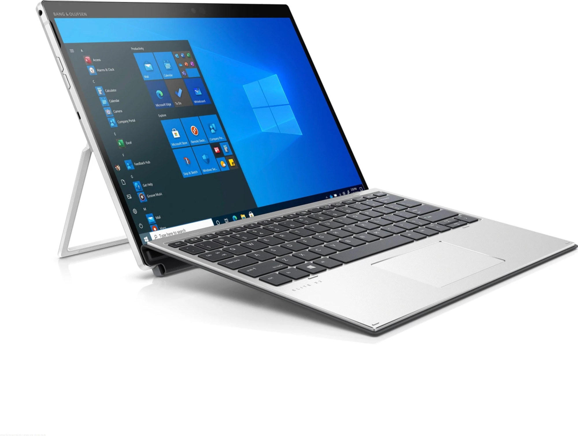 Ein silberner Laptop mit Tastatur und aufgeklapptem Bildschirm, der das Windows-Menü anzeigt.