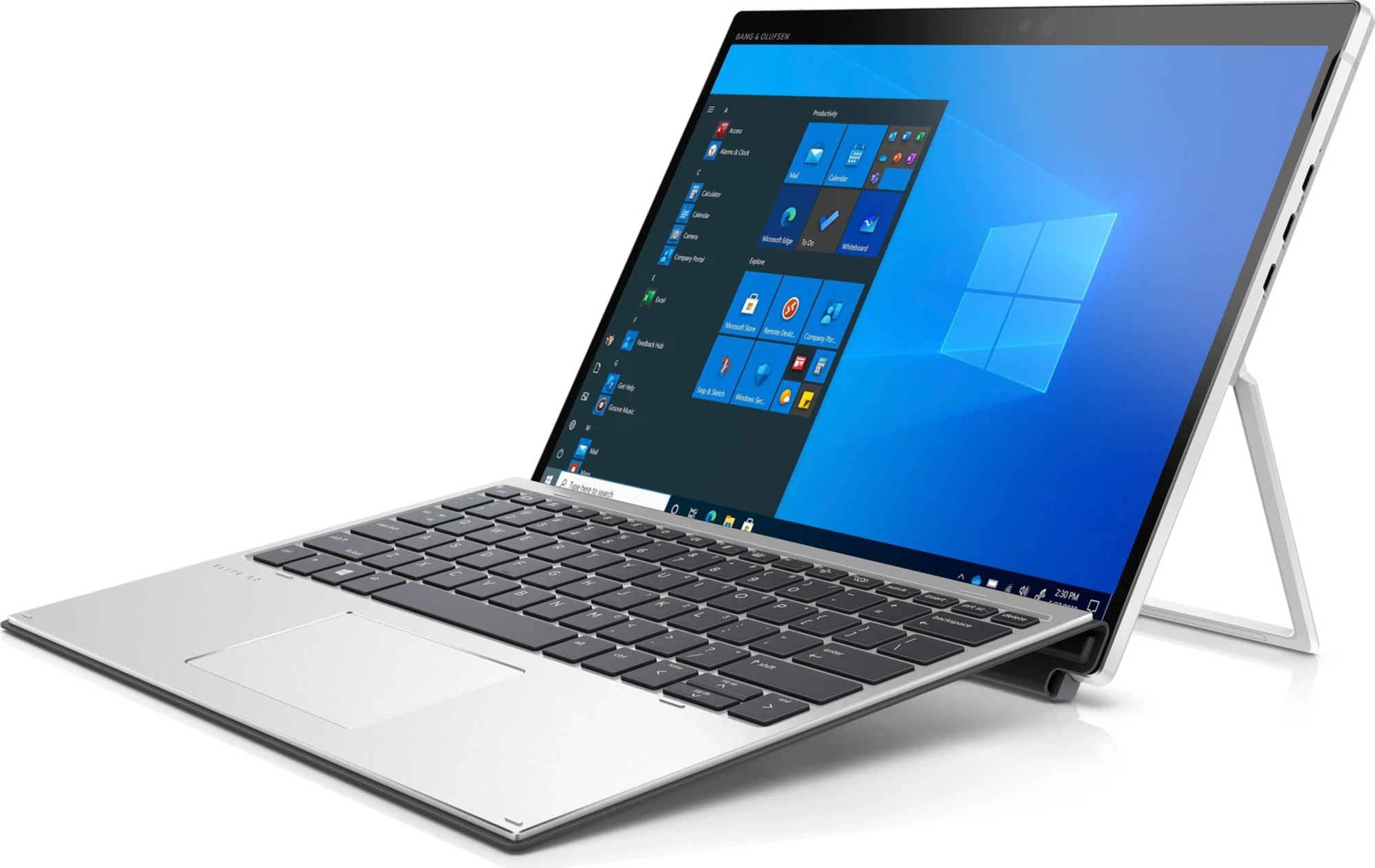 Ein silberner Laptop mit abnehmbarer Tastatur und einem aufgestellten Ständer.