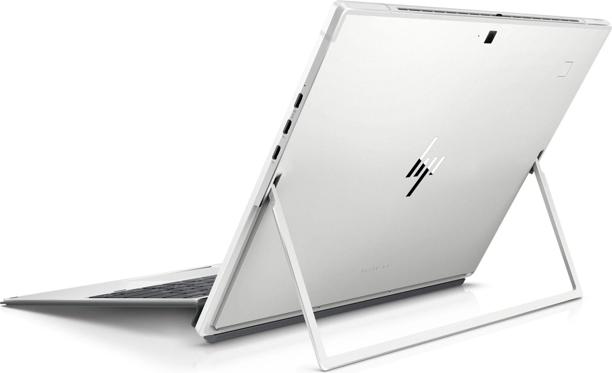 Ein silberner HP Elite x2 Laptop, von hinten mit ausklappbarem Ständer und Tastaturansicht.