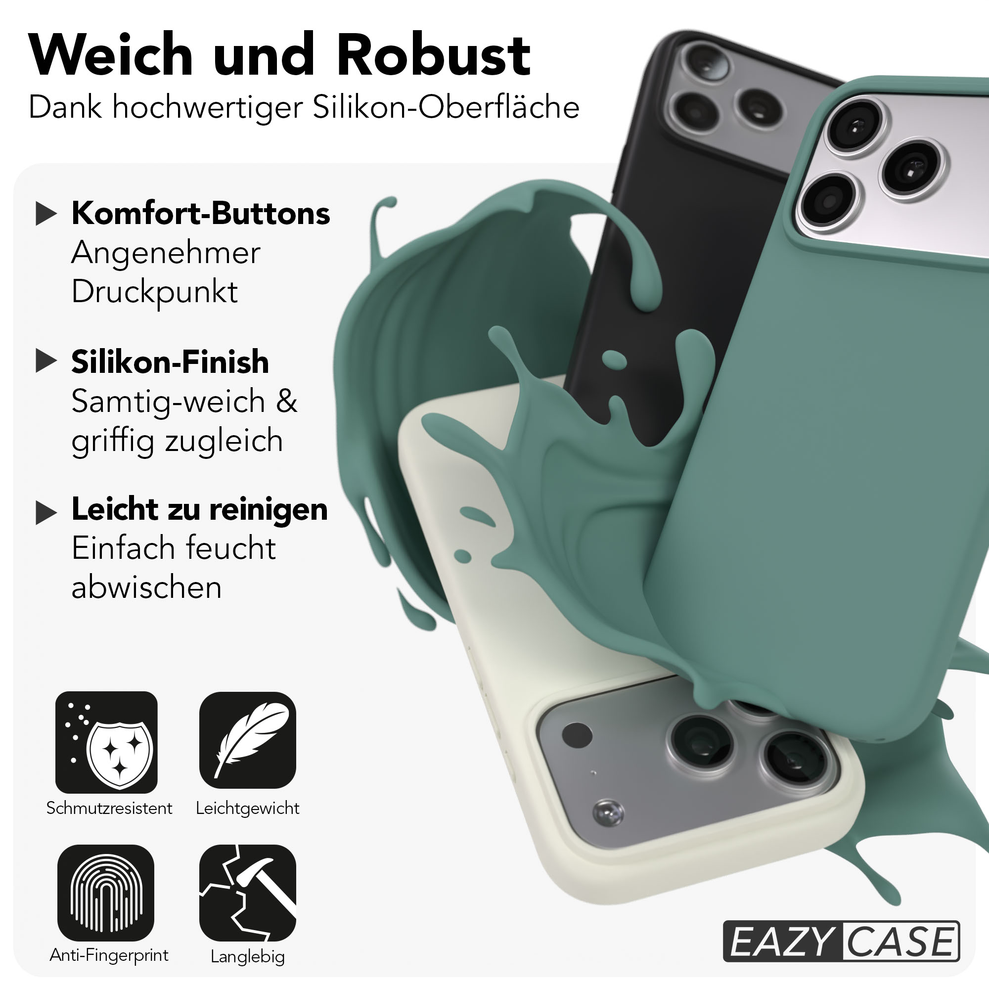 Drei Handyhüllen in verschiedenen Farben mit grünen Spritzern. Eazy Case Logo.